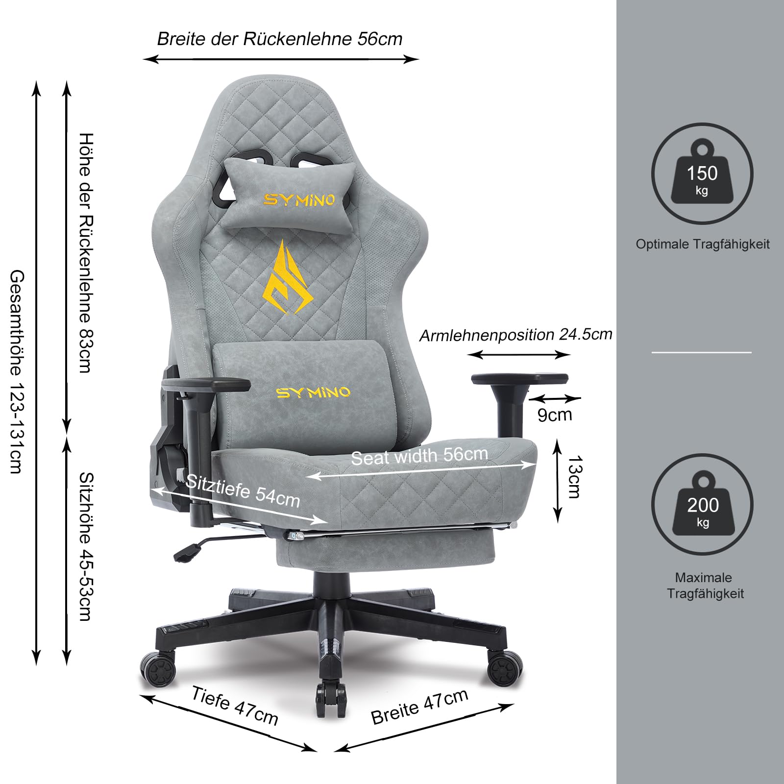 Symino Chaise Gamer Ergonomique - Fauteuil de Bureau avec Repose-Pieds Télescopique, Support Lombaire et Hauteur Réglable - 200kg (Simili Cuir Grey)