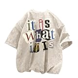 Men's Graphic Tees Funny Letter Print Vintage Oversize T Shirts Acid Wash Shirt Streetwear Rapper Casual Tee Top