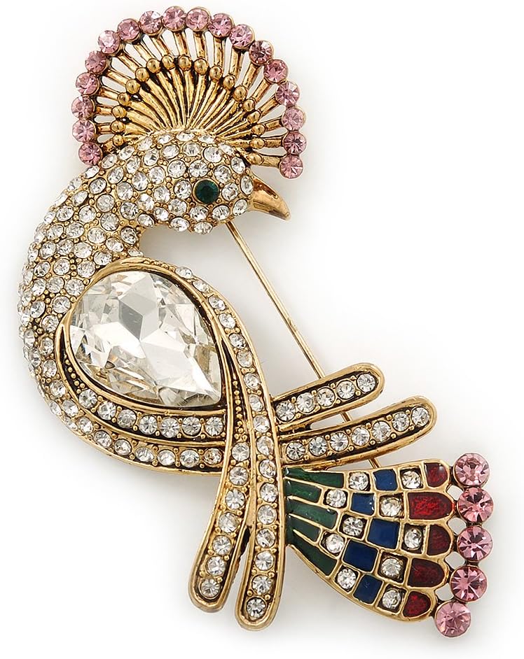 Gold Plated Clear, Pink Austrian Crystal Paradise Bird Brooch - 75mm Length
