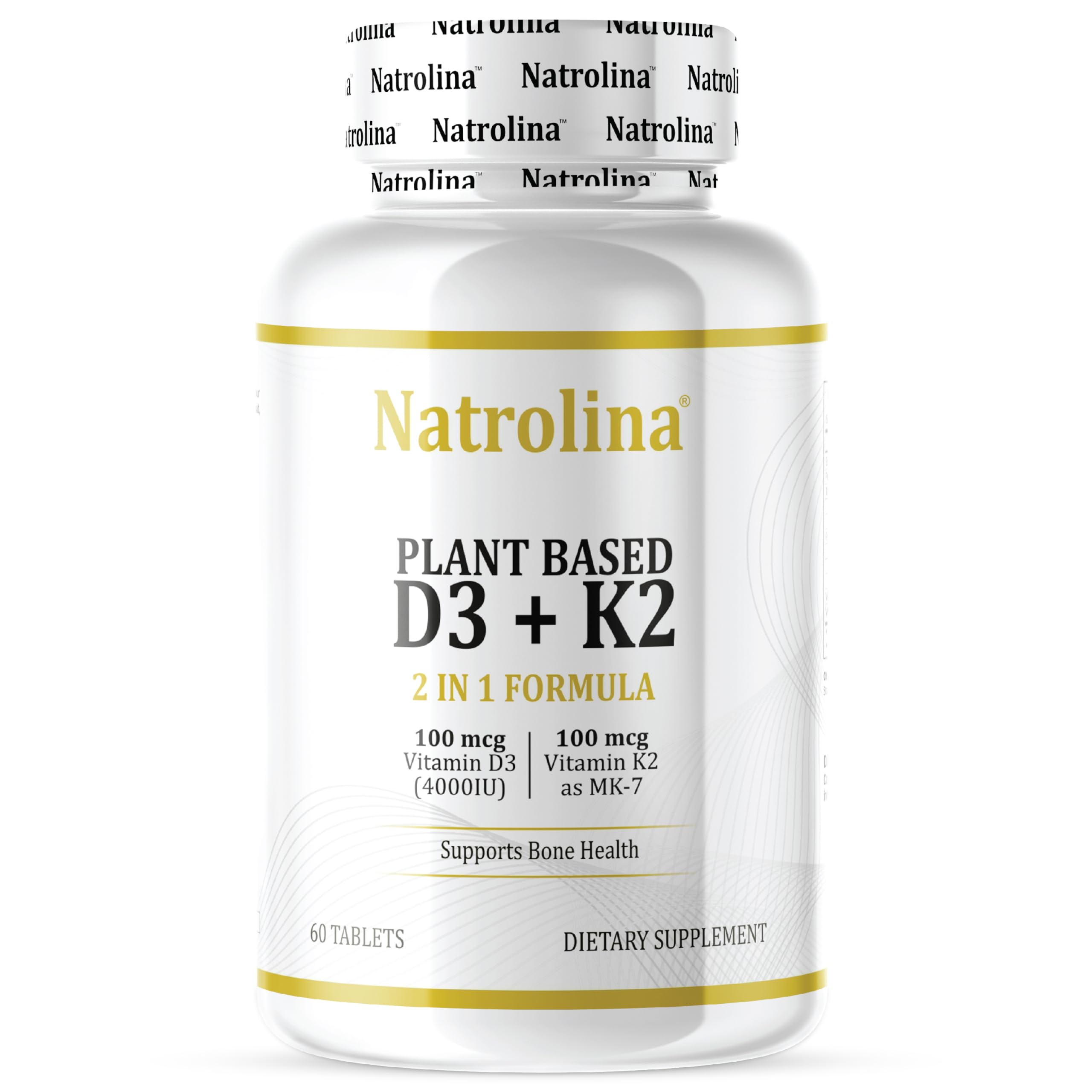 Natrolina Plant-Based Vitamin D3 + K2 Supplement - 60 Tablets | Enhances Immune Defense, Cardiovascular and Brain Health | Strengthens Bone Density, Muscle Function & Calcium Absorption | Non-GMO