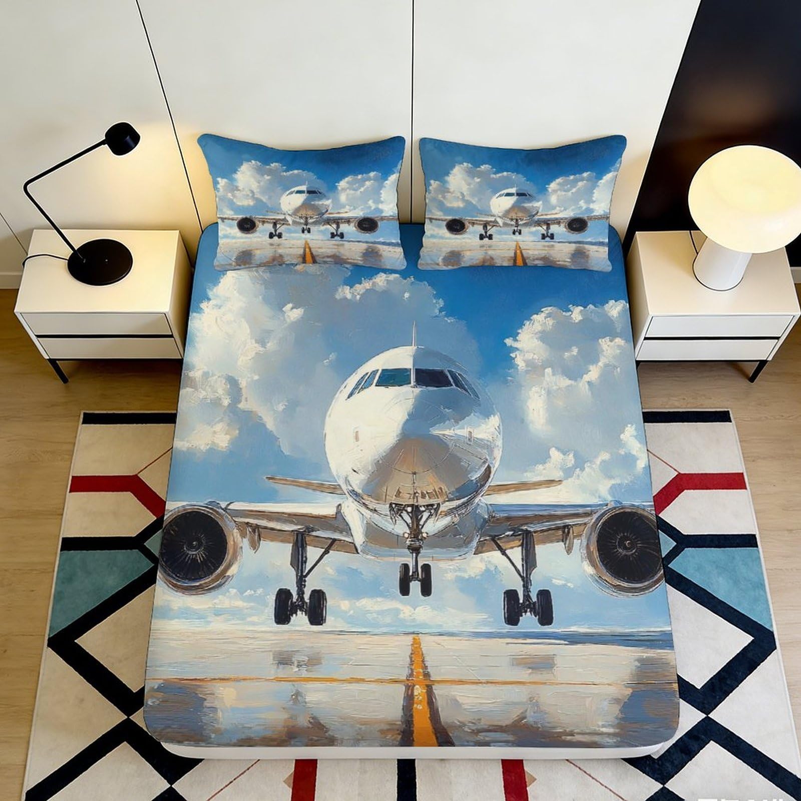 3D Printed Airplane Runway Fitted Sheet Microfiber Anti-Slip Cloud Bed Cover for Bedroom Guestroom Decor Easy Care 90x200x25cm