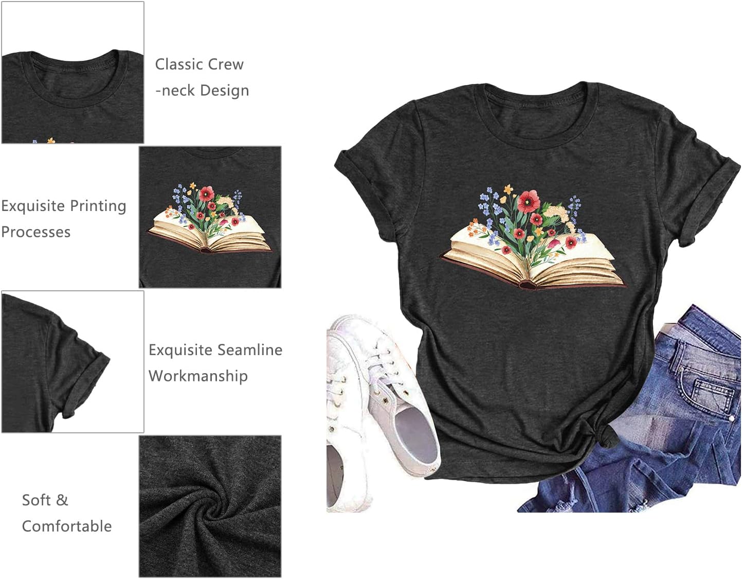 Book Lover Shirts Women Teacher T Shirt Funny Wildflowers Book Reading Graphic Casual Teacher Gift Tops - Image 4