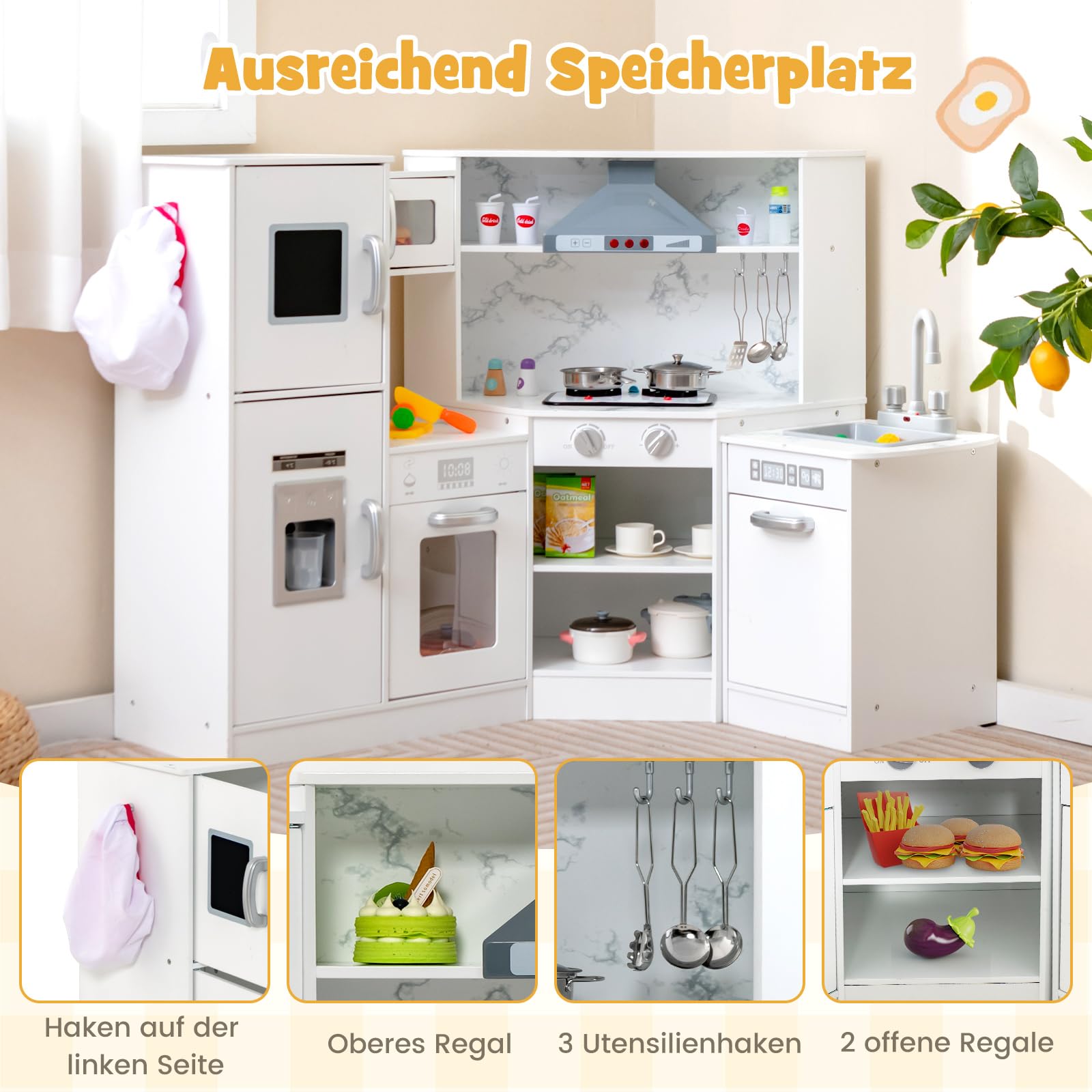 COSTWAY Kinderküche Holz, Spielküche Eck mit Licht und Sound, Holzküche mit Tafel & Spüle & Ofen, inkl. Zubehör, Spielzeugküche für Kinder ab 3 Jahren (Weiß)