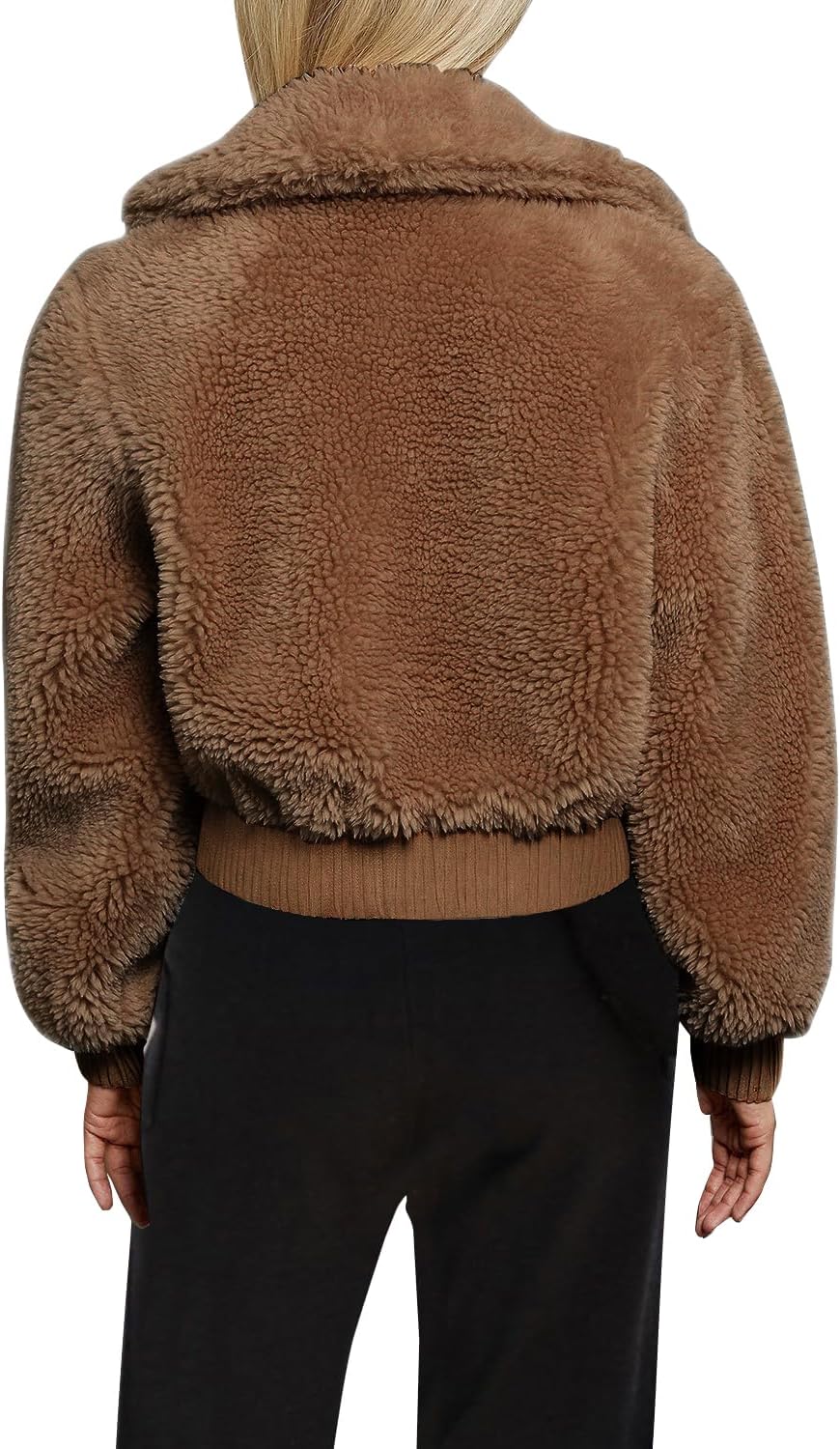 FANCYINN Womens Teddy Cropped Faux Fur Jacket Furry Lapel Coat Zip Up With Pockets Warm Winter