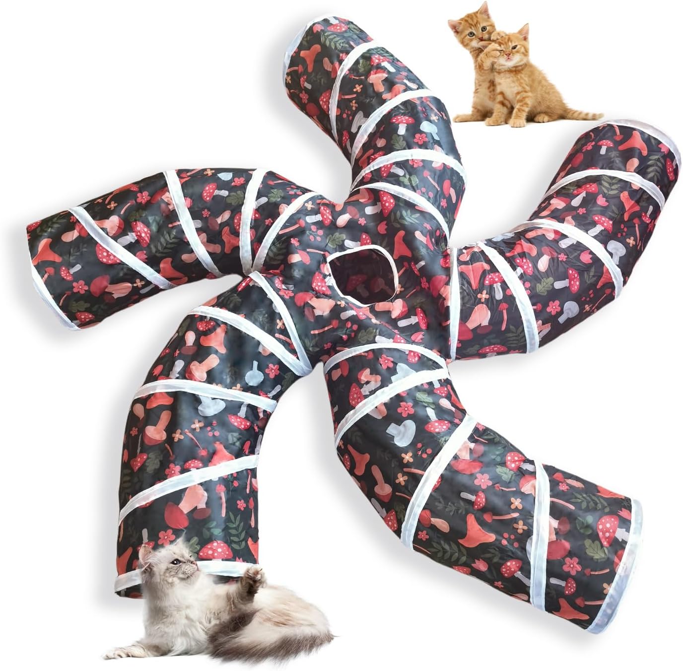 EGETOTA Cat Tunnel for Indoor Cats Large, with Play Ball S-Shape 5 Way Collapsible Interactive Peek Hole Pet Tube Toys, Puppy, Kitty, Kitten, Rabbit (S5 - Mushroom)