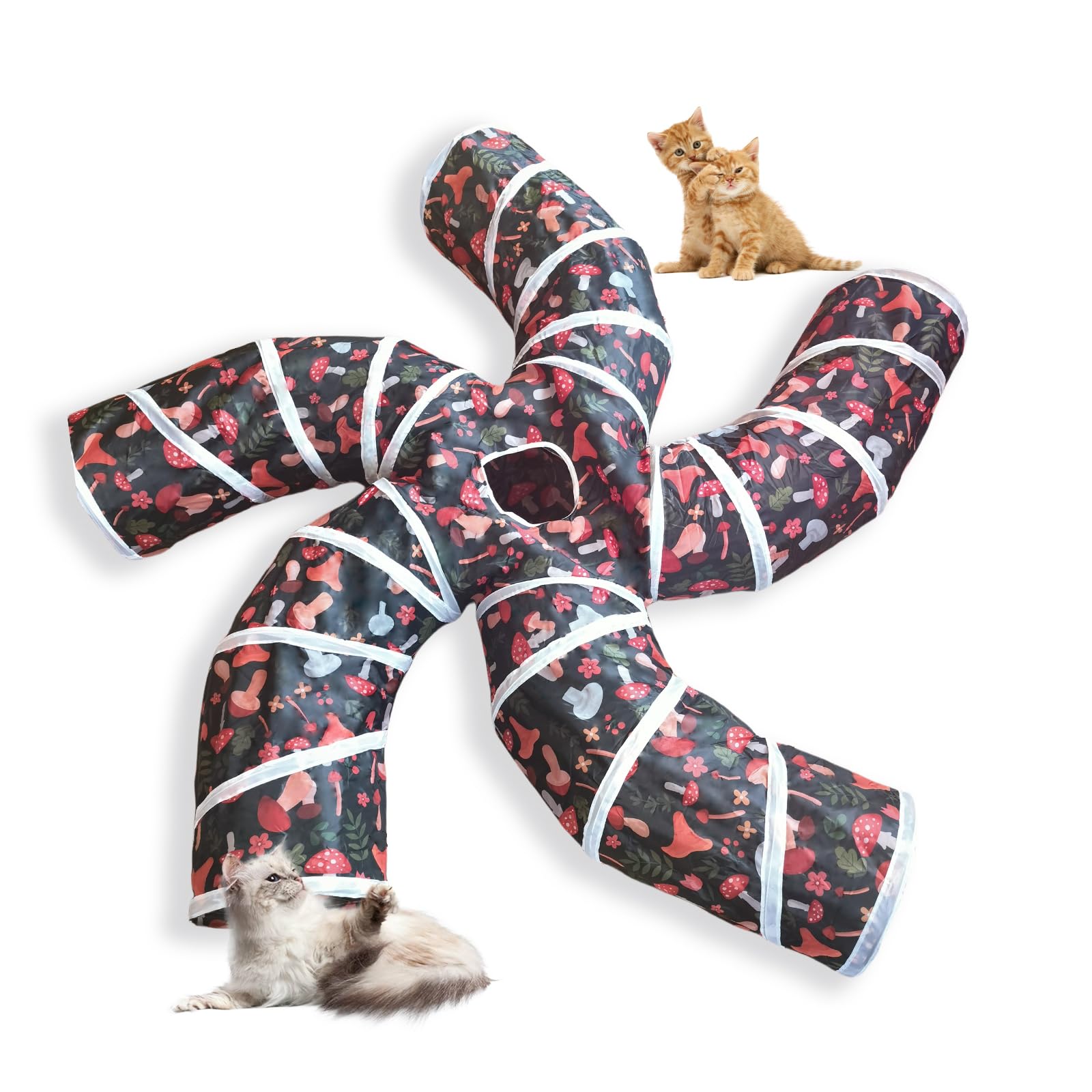 EGETOTA Cat Tunnel for Indoor Cats Large, with Play Ball S-Shape 5 Way Collapsible Interactive Peek Hole Pet Tube Toys, Puppy, Kitty, Kitten, Rabbit (S5 - Mushroom)