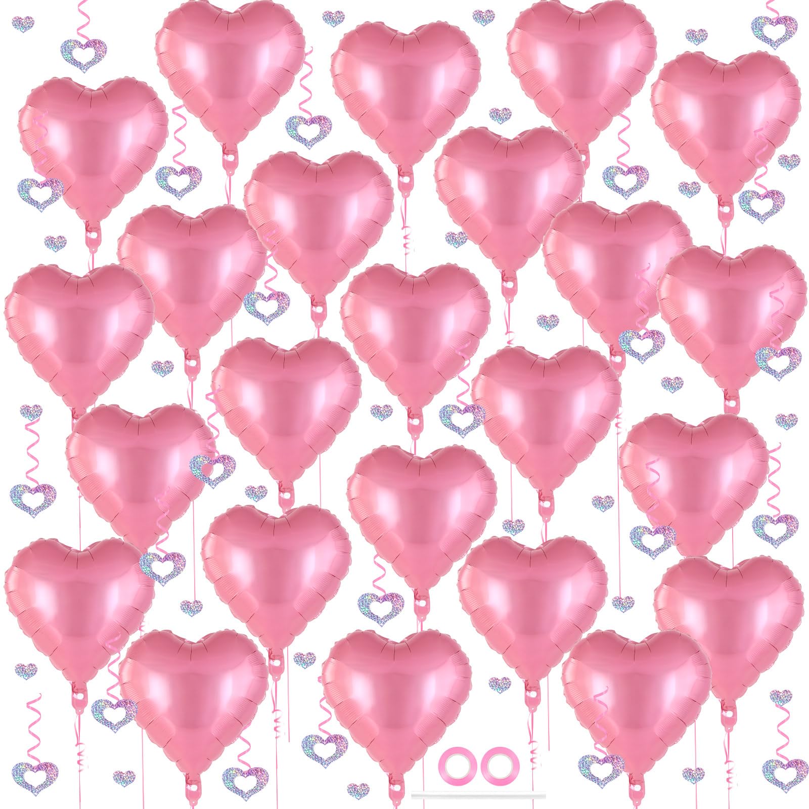 24 Pcs Pink Heart Balloons, 100 Pcs Heart Hanging Streamers, 18 Inch Heart Foil Balloons Valentine's Day Balloon Love Balloon for Valentines Day Proposal Wedding Party Decorations