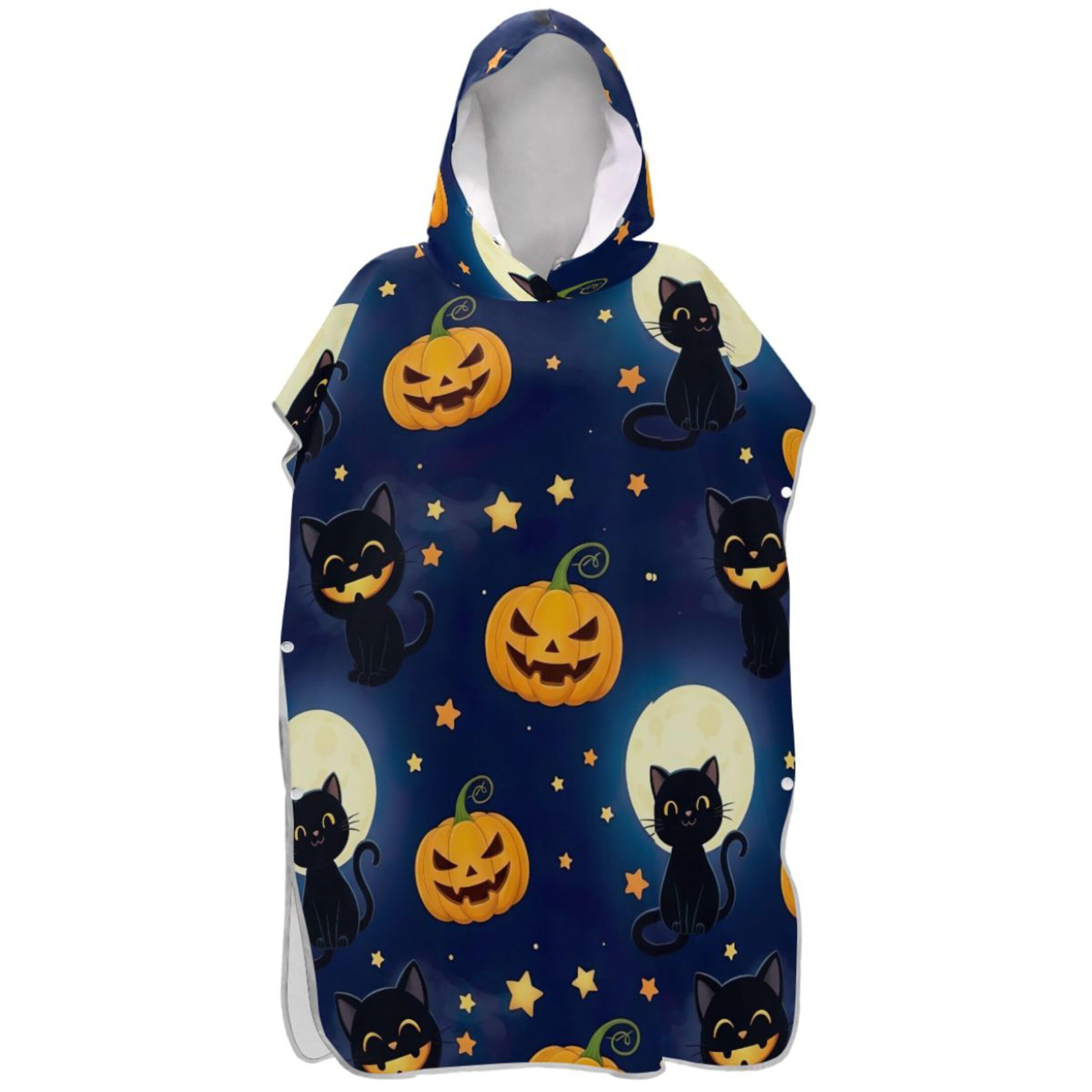 Peignoir de bain à capuche bleu lune | Motif chats citrouilles original adulte