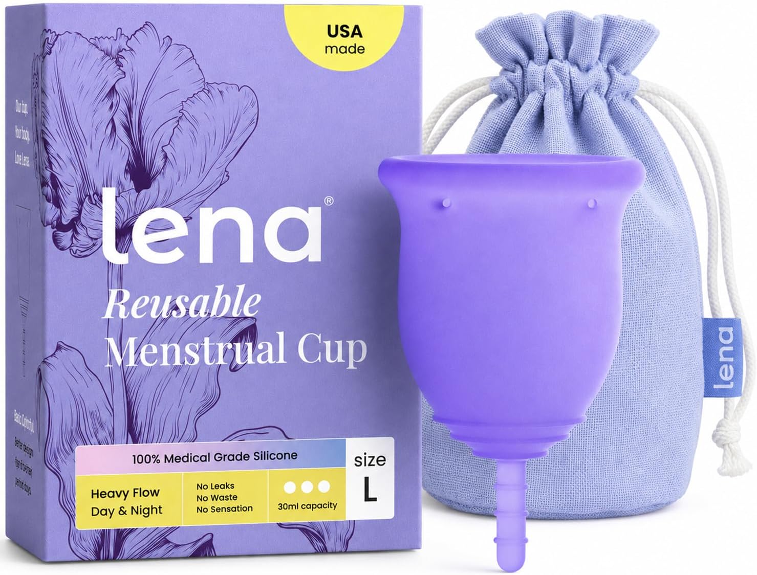 Lena Menstrual Cup - Soft Reusable Period Cups for Women - Large, Purple