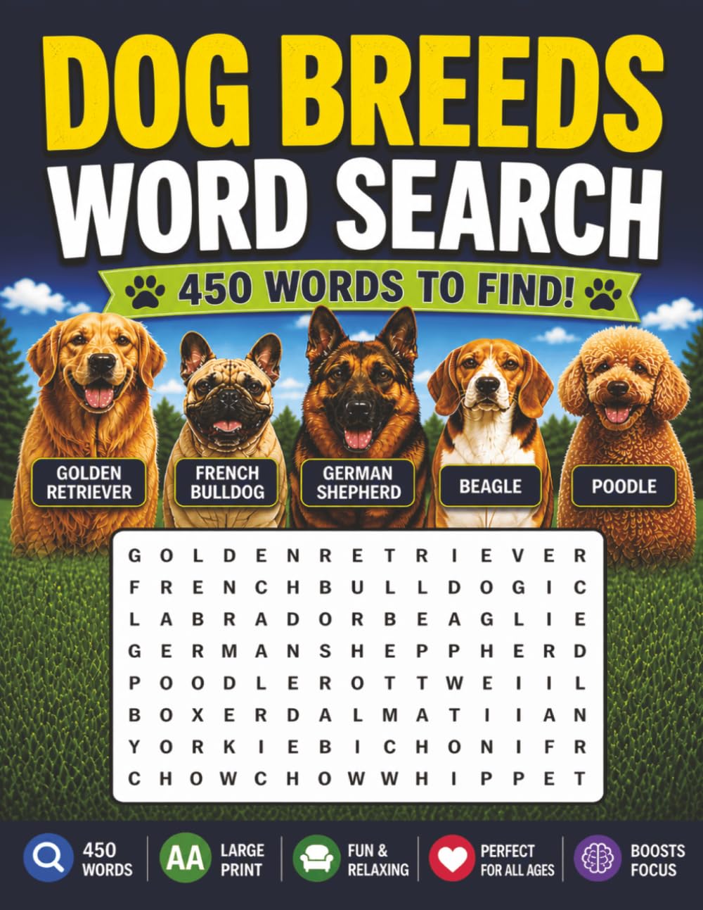 Dog Breeds Word Search: Puzzles include popular breeds (Labrador Retriever, Poodle) and rare breeds, with over 450 words to find. Fun and educational!