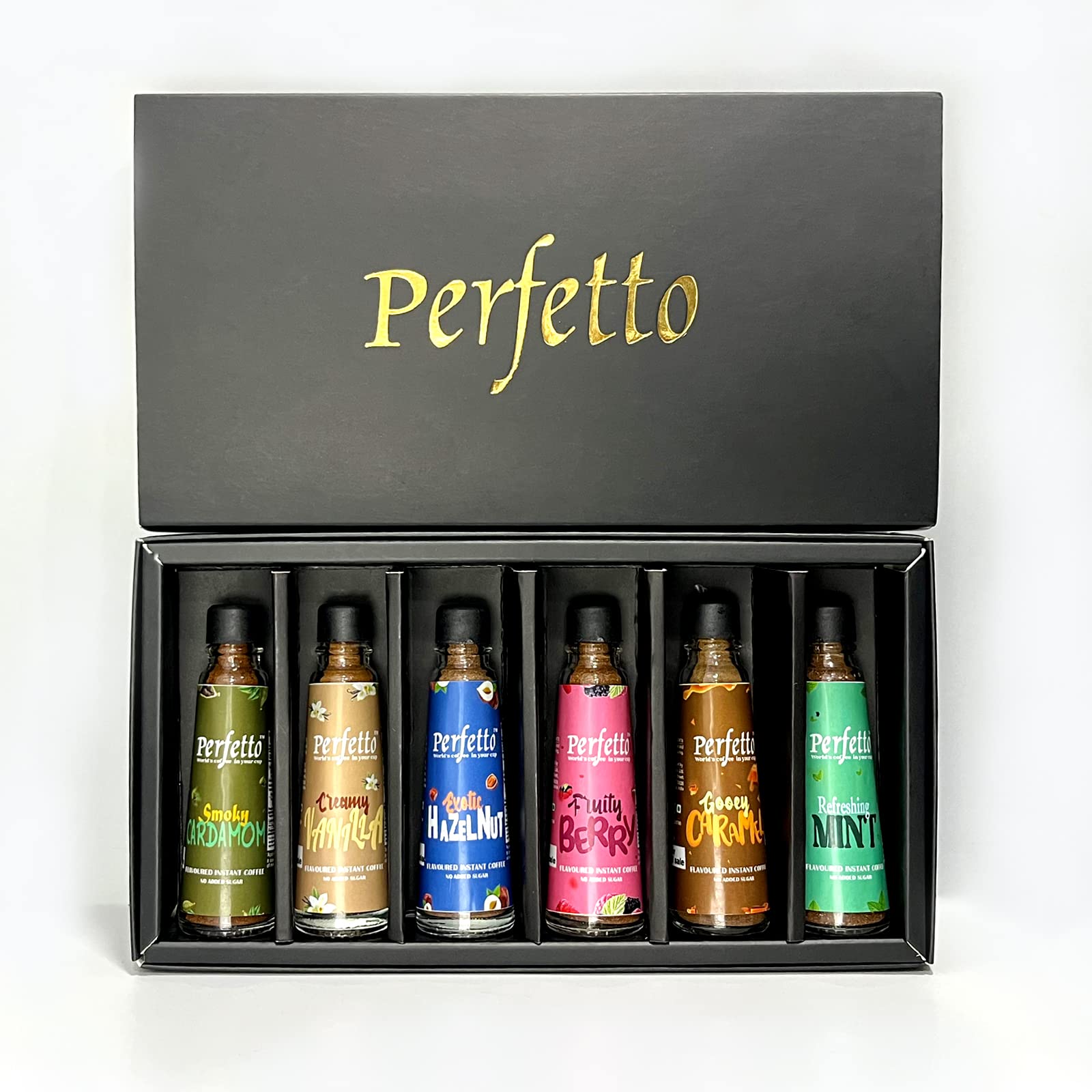 Perfetto Special Edition Gift Box | Six Assorted Flavoured Coffee Powder | Hazelnut, Vanilla, Mint, Cardamom, Caramel, Berry | Instant Coffee 10g Each | 100% Arabica | Hot & Cold Coffee | Strong Coffee | Espresso, Cappuccino, Latte | Flavoured Instant Coffee | Medium Roast | Premium Coffee