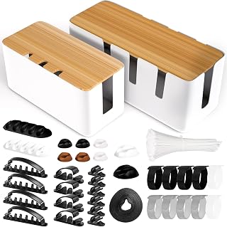 Cable Management Box-2 Pack Cable Organizer Box with 135PCS Cable Clips Set,Wood Lid,Cord Organizer for Desk,TV Wires,Computer USB Hub System to Cover and Hide & Power Strips & Cords for Home & Office