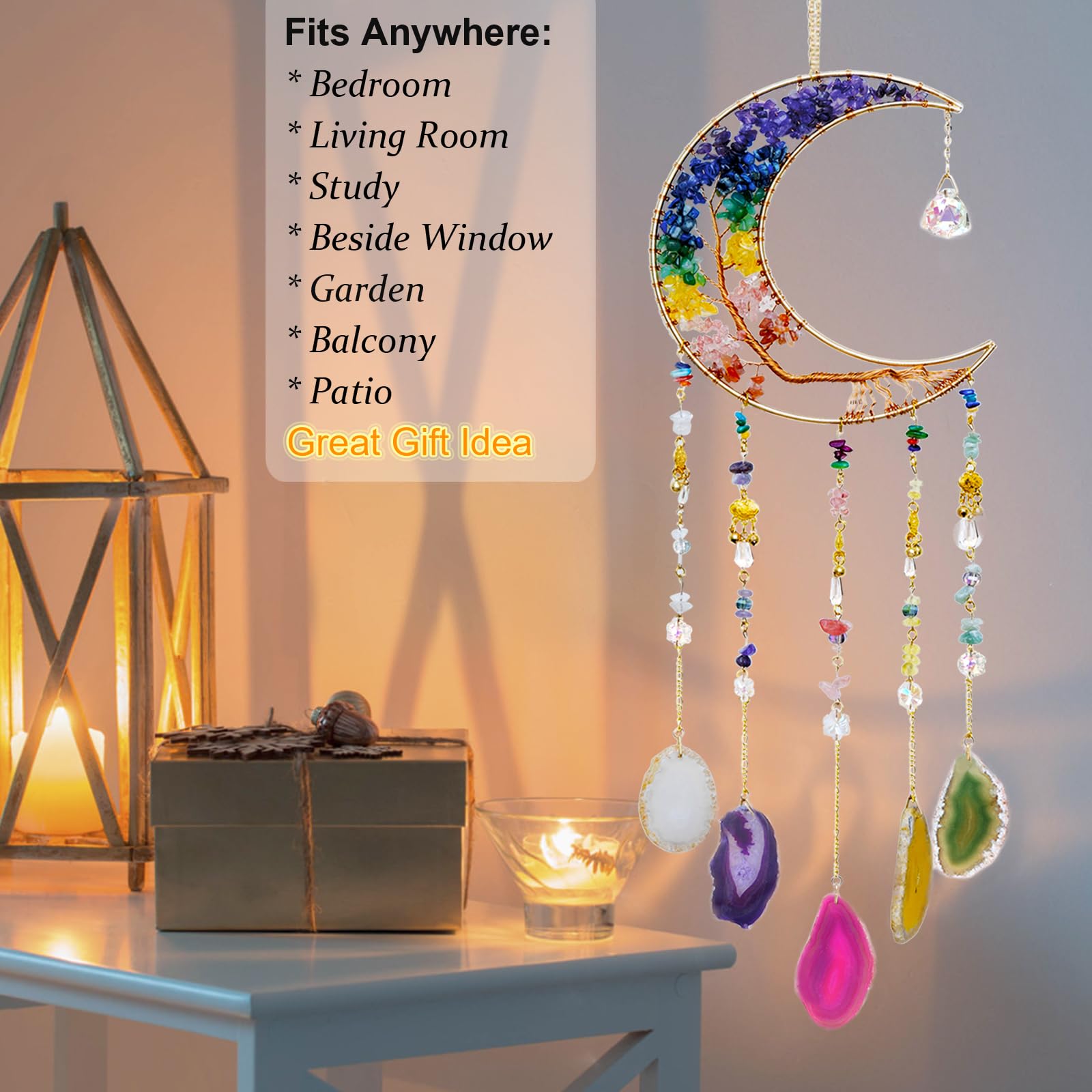 7 Chakra Crystal Wind Chimes, Moon Shaped Dream Catcher, Sun Catchers, Healing Crystal Decor, Reiki, Feng Shui Metal Art Wall Decor for Room, Bedroom, Home, Unique Gifts for Women for Good Luck