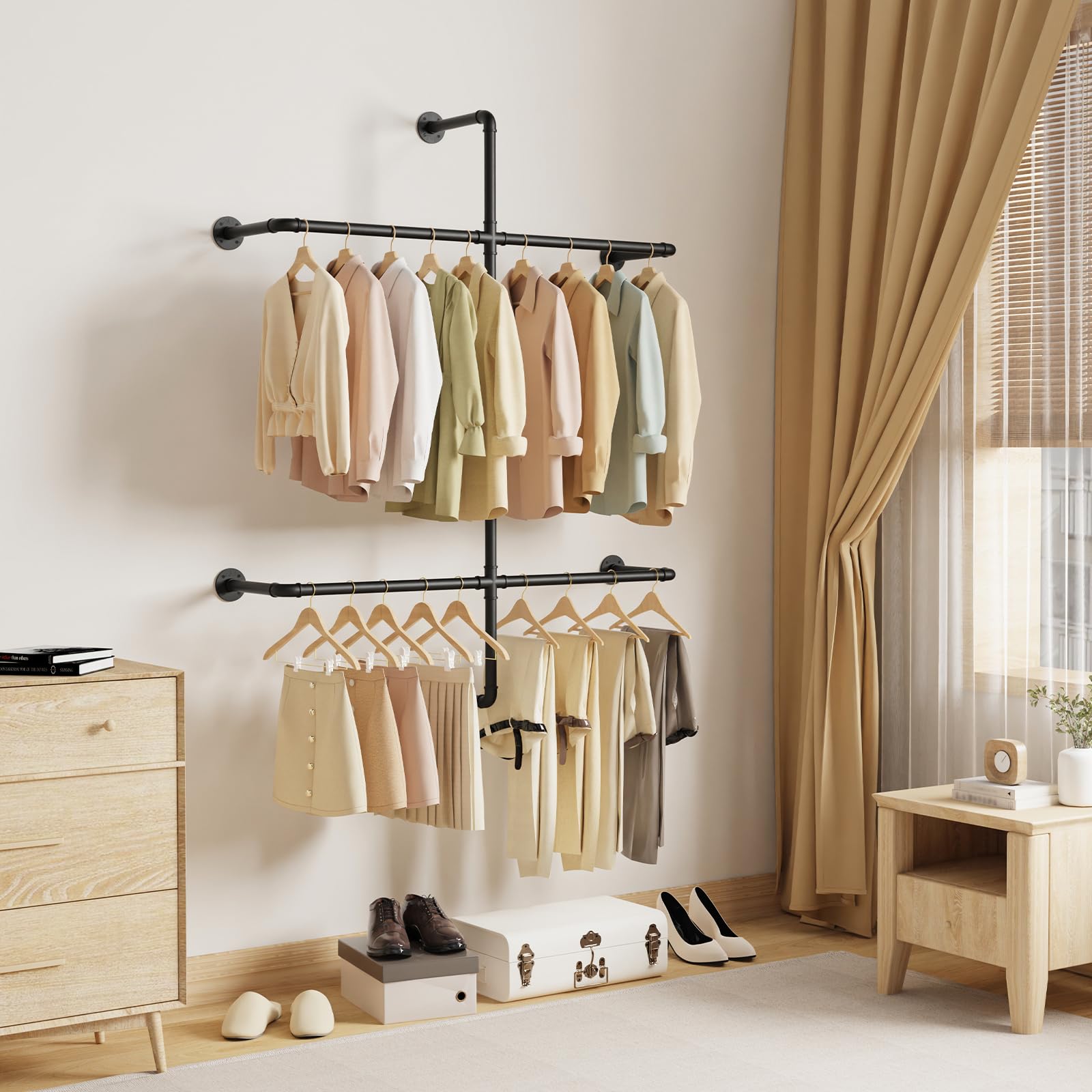 Yawinhe Barra Para Colgar Ropa de Pared,2 columnas Burro Ropa,Negro | Armario Abierto,Perchero Industrial Resistente;Barra Perchero de Tubos Metálicos para Dormitorio,para Tienda de Ropa