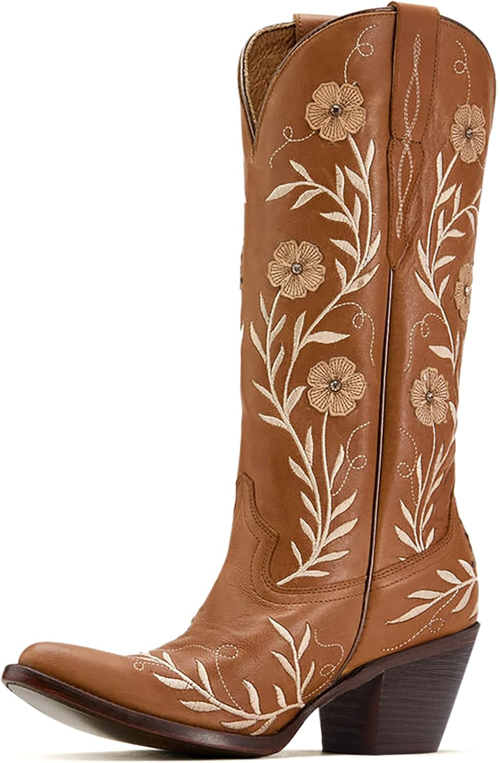 Goiphrri Womens Cowboy Boots Wide Calf Chunky Block Heel Pointed Toe Flower Embroidered Western Cowgirl Knee High Boots For Women Girl Ladies Tall Boot