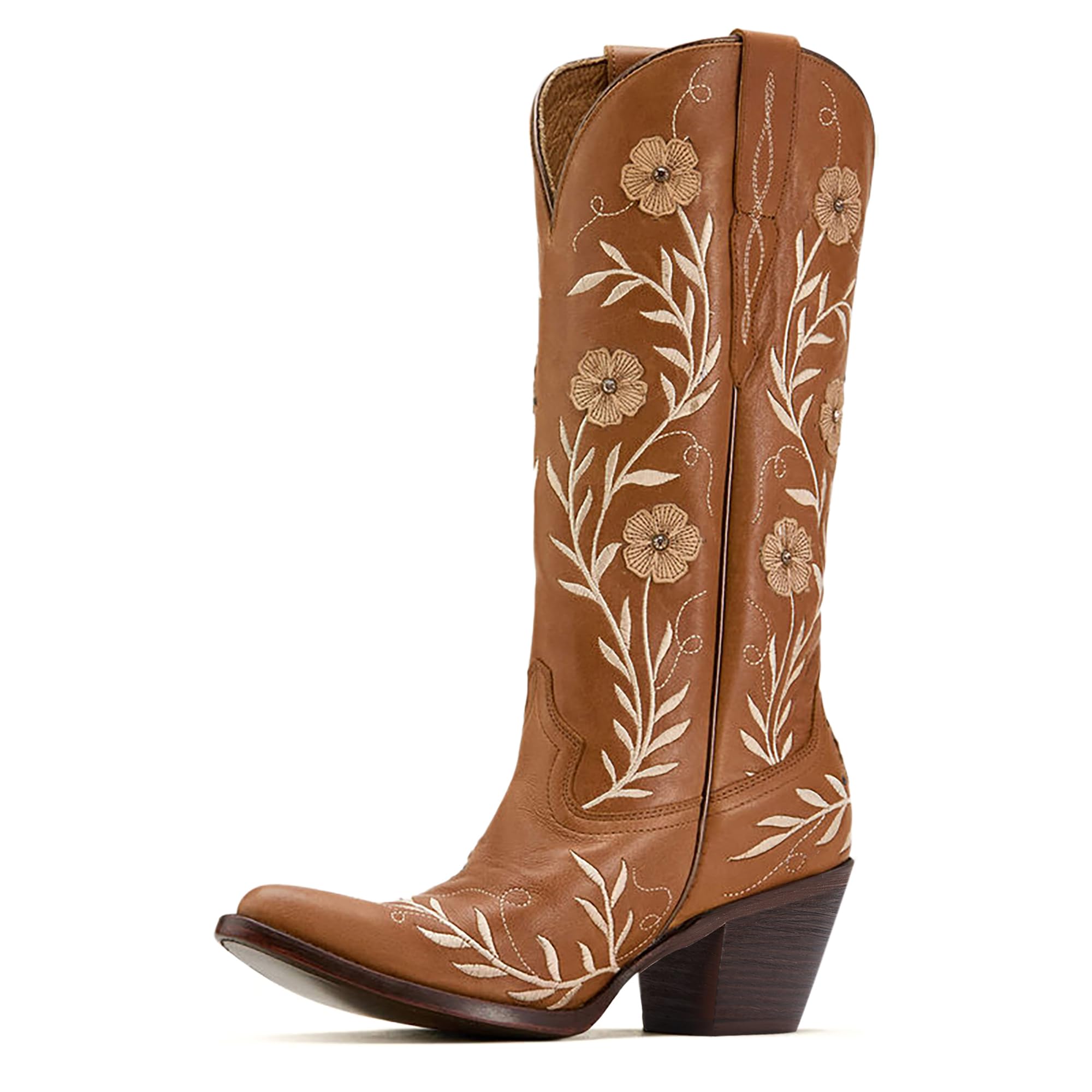 Womens Cowboy Boots Wide Calf Chunky Block Heel Pointed Toe Flower Embroidered Western Cowgirl Knee High Boots For Women Girl Ladies Tall Boot-image-38