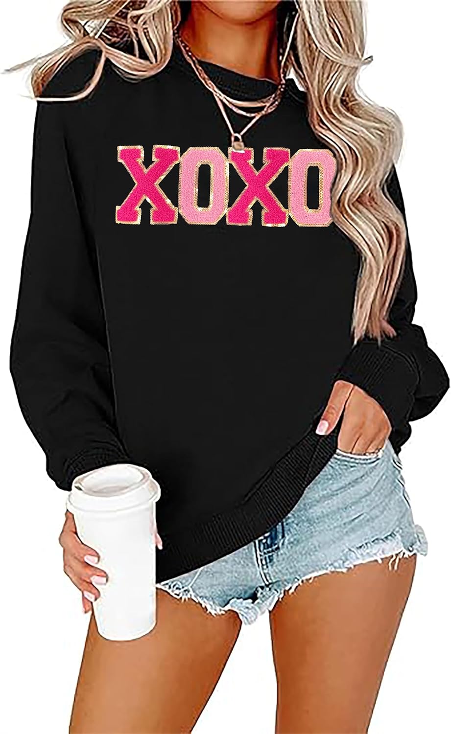 Valentine Sweatshirt Women Glitter XOXO Chenille Patch Pullover Top Novelty Valentine's Day Long Sleeve Gift Top