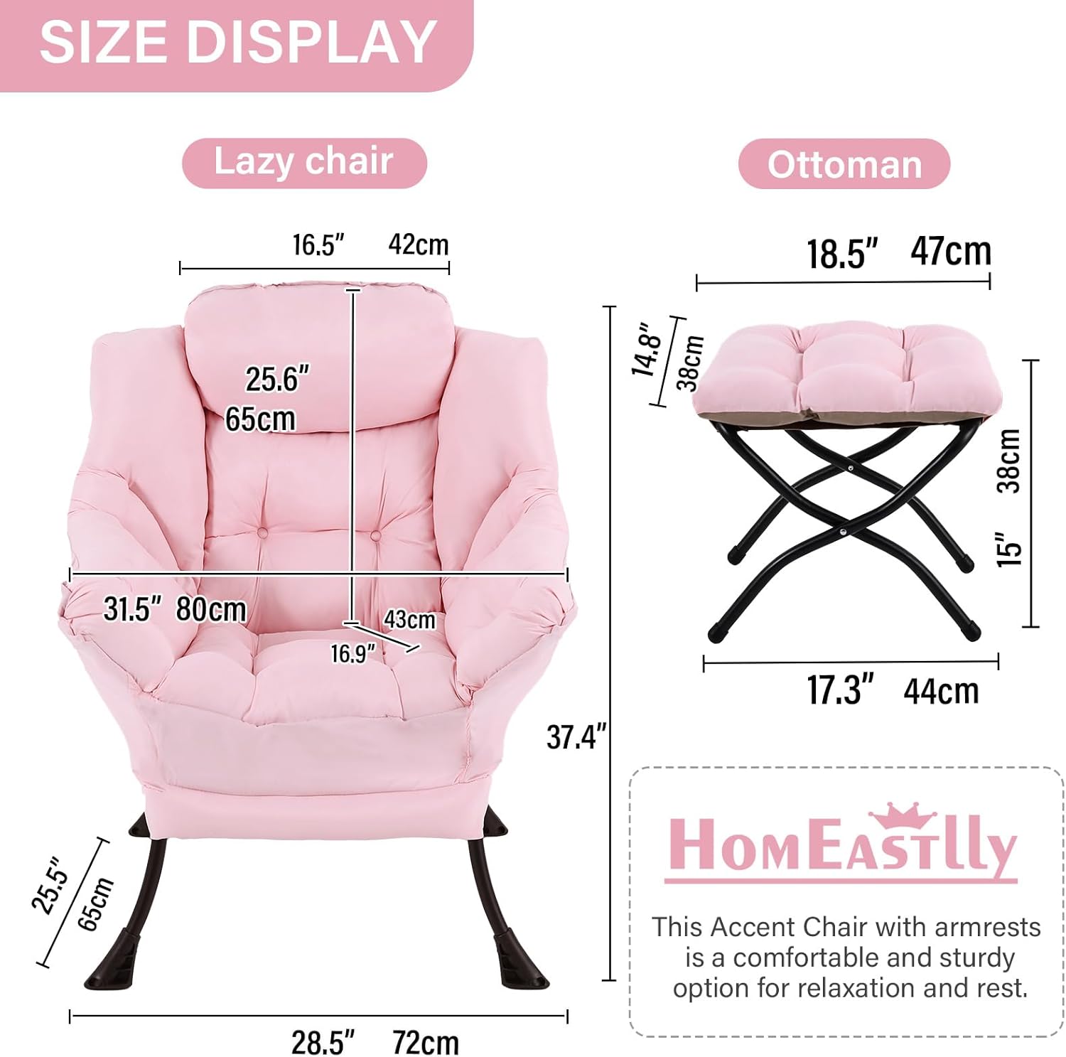 Lazy Chair with Ottoman, Large Pink Accent Chair with Ottoman, Comfy Reading Armchair, Leisure Sofa Chair for Living Room, Bedroom, Dorm Room, Office