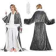 Electric Heated Blanket - Wearable Heated Blanket Throw with Foot Pockets, Sleeves Flannel & Sherpa Wearable Blanket 8 Heating Levels & Timer Snuggle Blankets for Home Office -50*60" Robes for Women