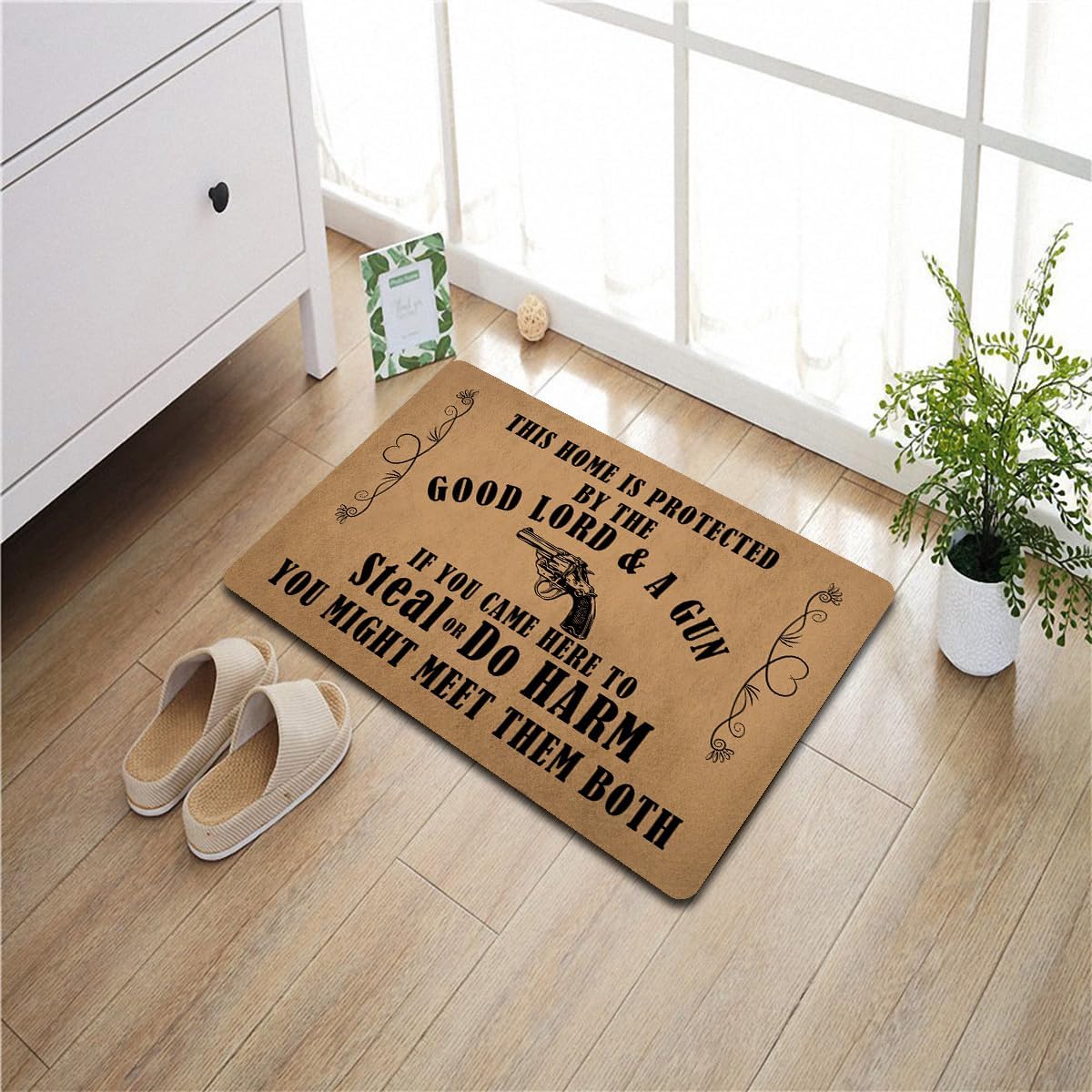 Funny Welcome Doormats Decorative Area Rugs for Front Porch This Home Is Protected By The Good Lord And A Gun Personalized Kitchen Rugs With Anti-Slip Rubber Back Novelty Gift Mat(23.7 X 15.9 in)