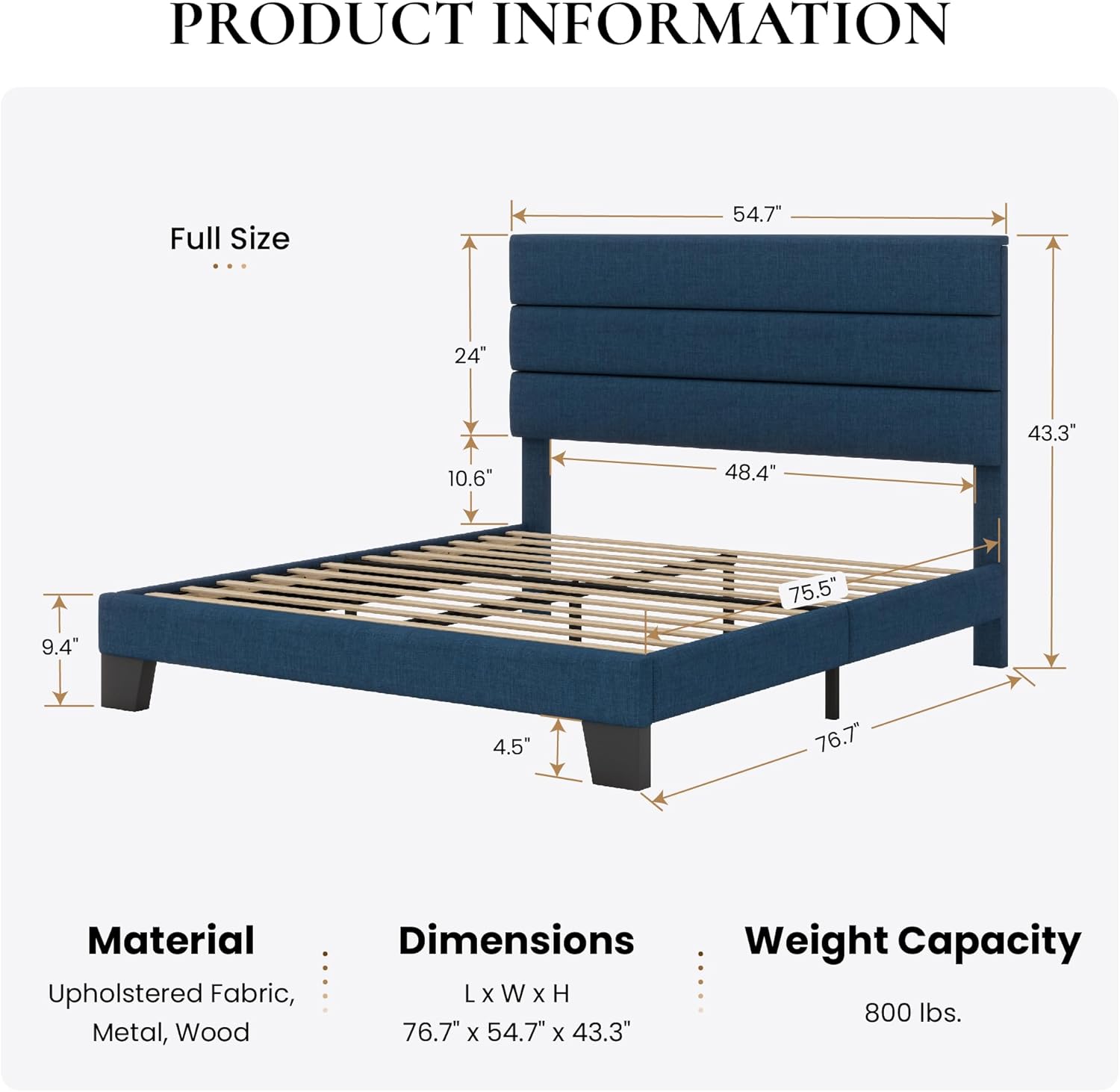 SHA CERLIN Full Platform Bed Frame with Upholstered Fabric Headboard, Mattress Foundation with Strong Wooden Slats Support, No Box Spring Needed, Blue - Image 2
