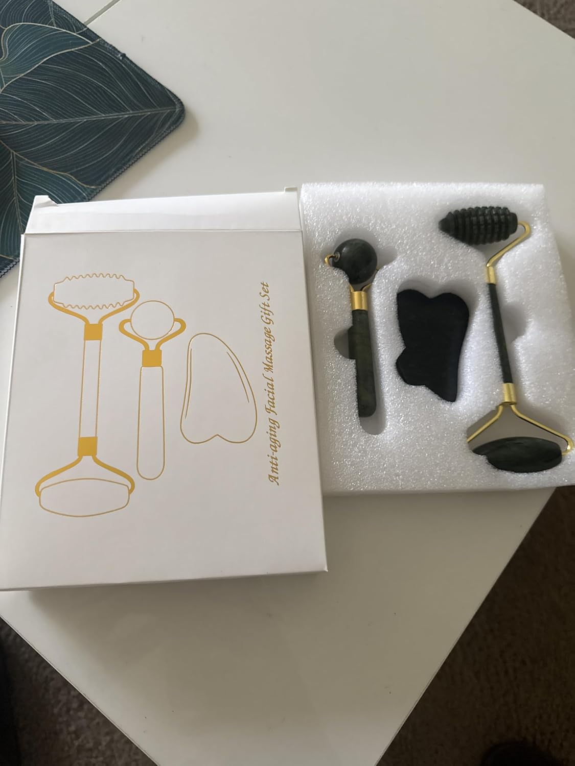 Jade Roller and Gua Sha Facial Massage Tool Set with Storage Box, Black and Gold