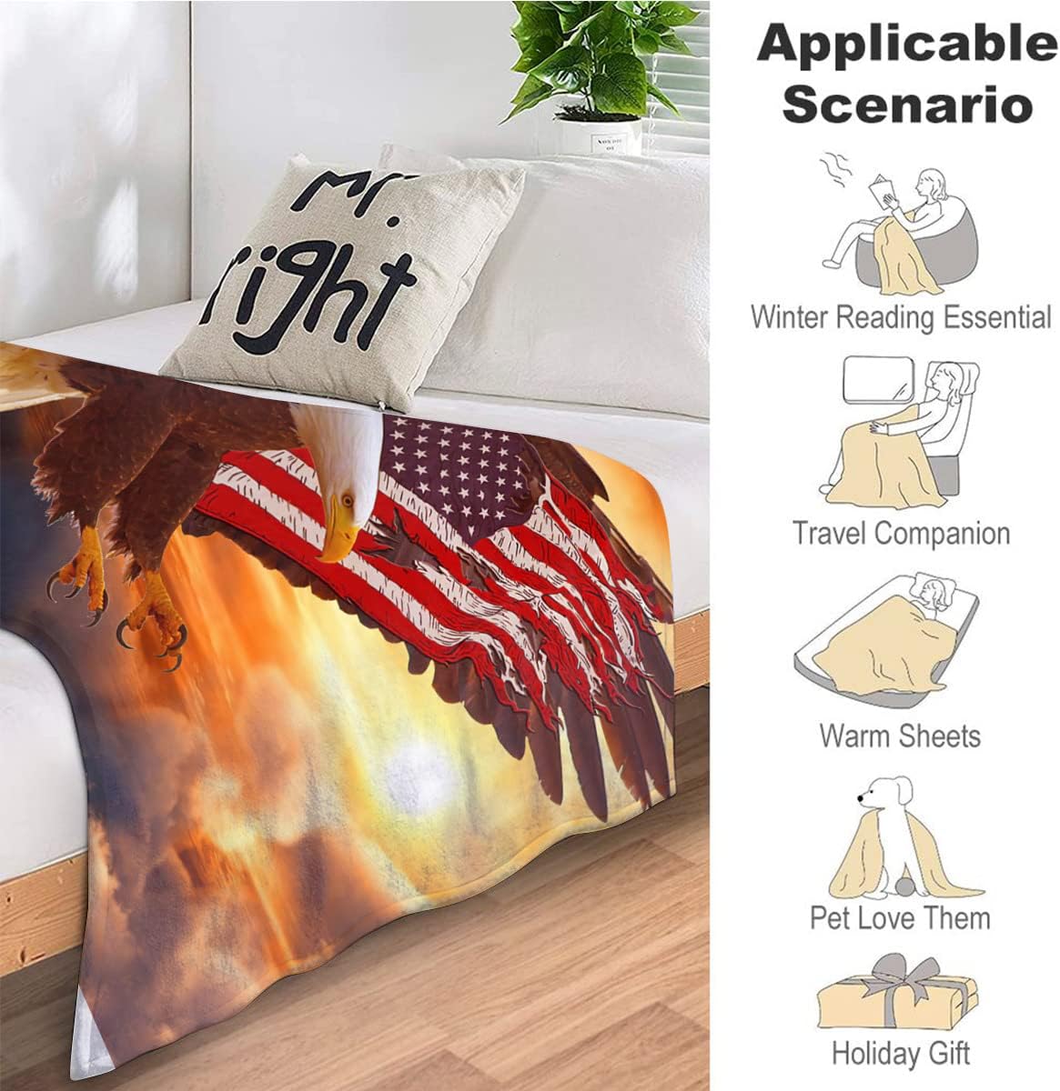 NETEDA Bald Eagle Blanket American Flag Decor Throw US for Men Super Warm Soft Plush Fleece Flannel Winter Couch Bedding Girls Kids Adults 50inchx60inch