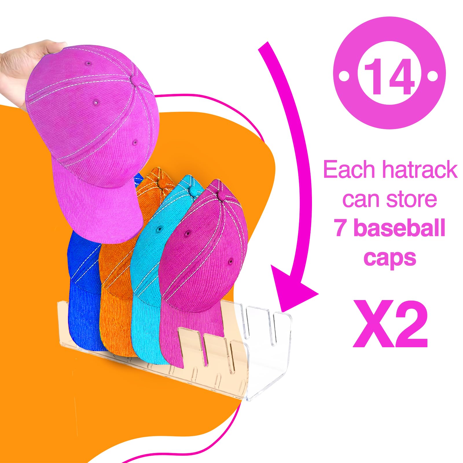 JIANGLIA Hat Stand - Acrylic Baseball Cap Display Holder, 14 Caps, No Install 2 Pcs(Clear) - Image 4
