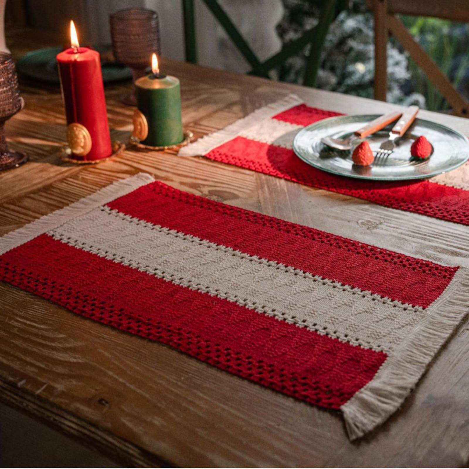 Rustykalny bieżnik z frędzlami, ręcznie tkana bawełna i len Dekoracja stołu wiejskiego Bieżnik na przyjęcie świąteczne, dekoracje w stylu vintage Boho czerwone po obu stronach 30*400 /83