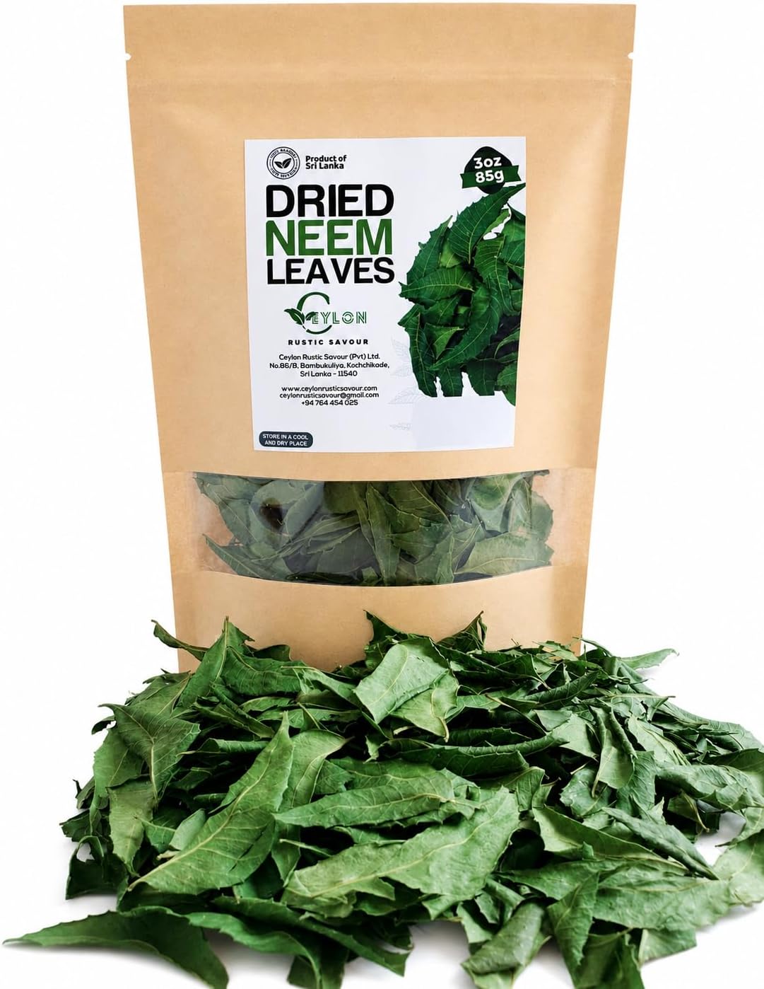 Ceylon Rustic Savour Dried Neem Leaves, Whole Neem Leaves 3 oz / 85g, Neem Leaf Tea, Loose Leaf Herbal Tea Preparation, Resealable Pouch, Product of Sri Lanka