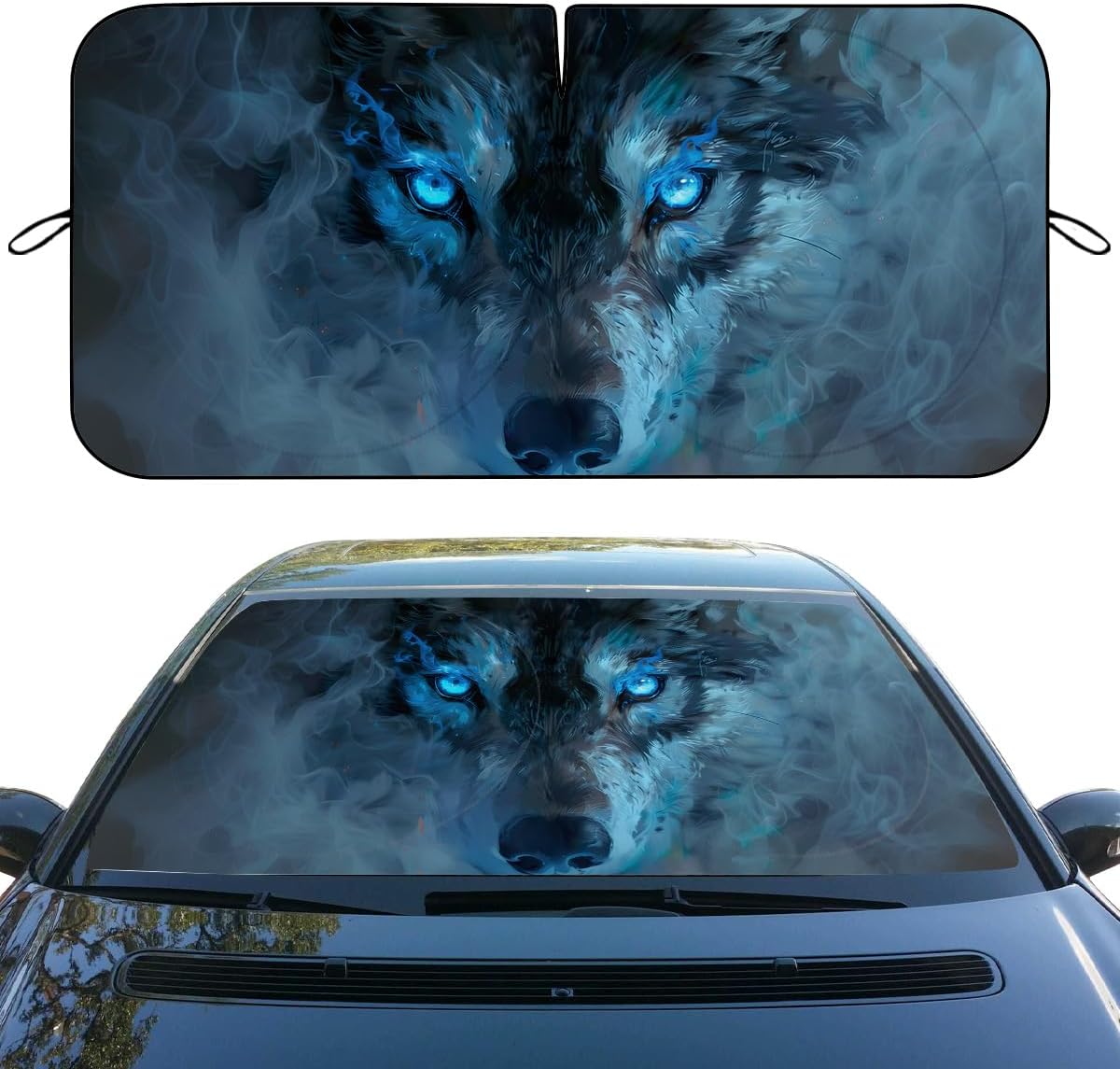 Wolf Car Front Window Sun Shield Misty Blue Eye Cool Animal Heatshield Front Window Sun Shade Windshield Rays Sun Shade Visor Protector for Sedan Truck SUV Accessories 59" L x 31.5" W