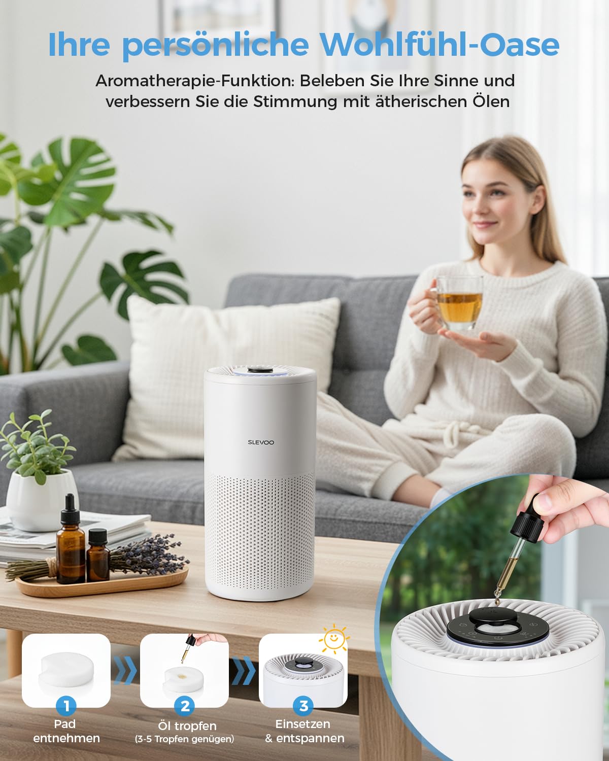 Slevoo Luftreiniger Schlafzimmer mit H13 HEPA Filter, 240m³/h CADR, Leise | Air Purifier für Räume bis 102 m² gegen Allergie, Pollen, Staub, Rauch & Tierhaare, mit Timer & Aromatherapie, Weiß