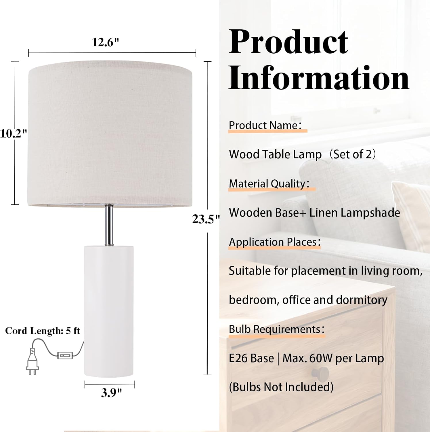 lapupu 23.5" Wood Table Lamps Set of 2 for Living Room, Vintage Farmhouse Bedside Lamps for Bedroom, Large Round Desk Lamps for End Table Nightstand, White