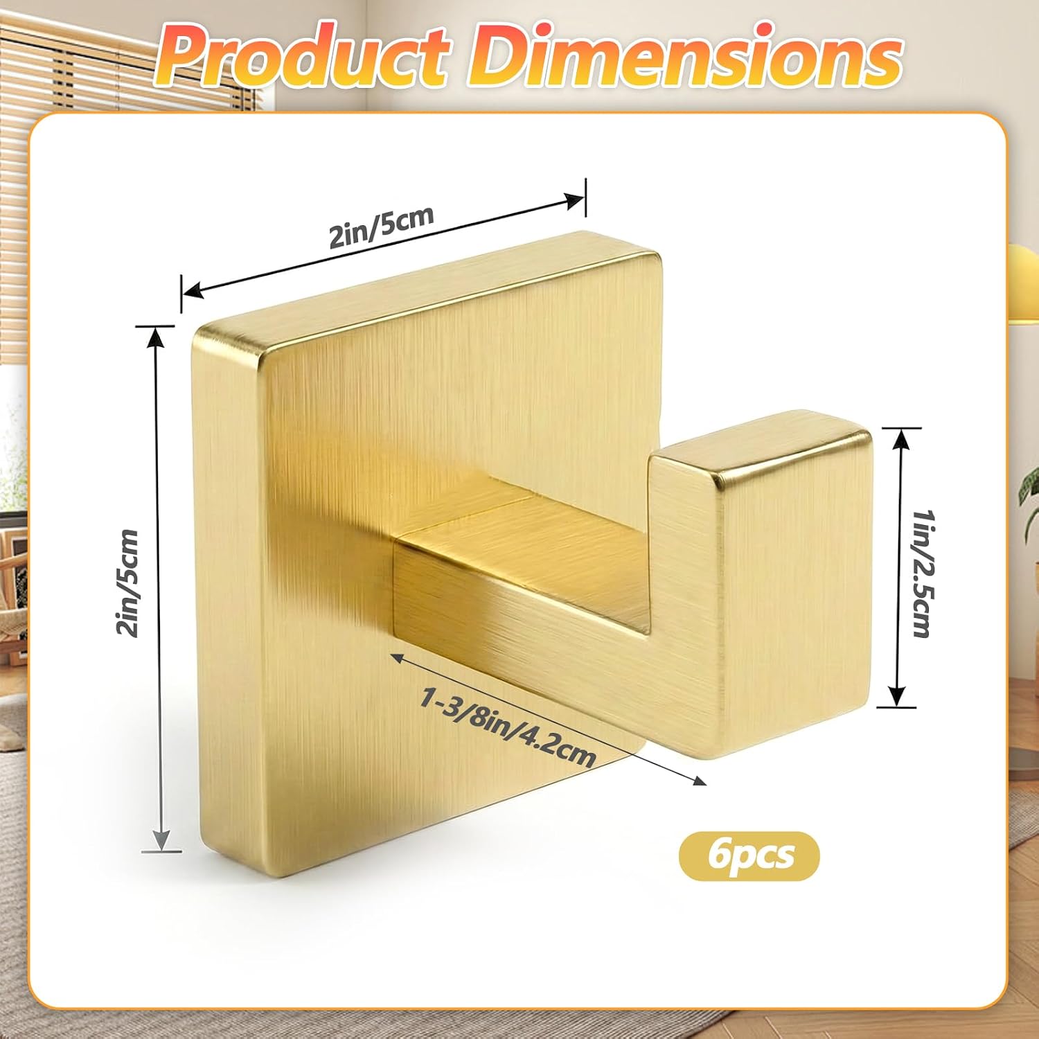 6 PCS Brushed Gold Towel Hook, 2 Inch Square Gold Bathroom Hooks image 2