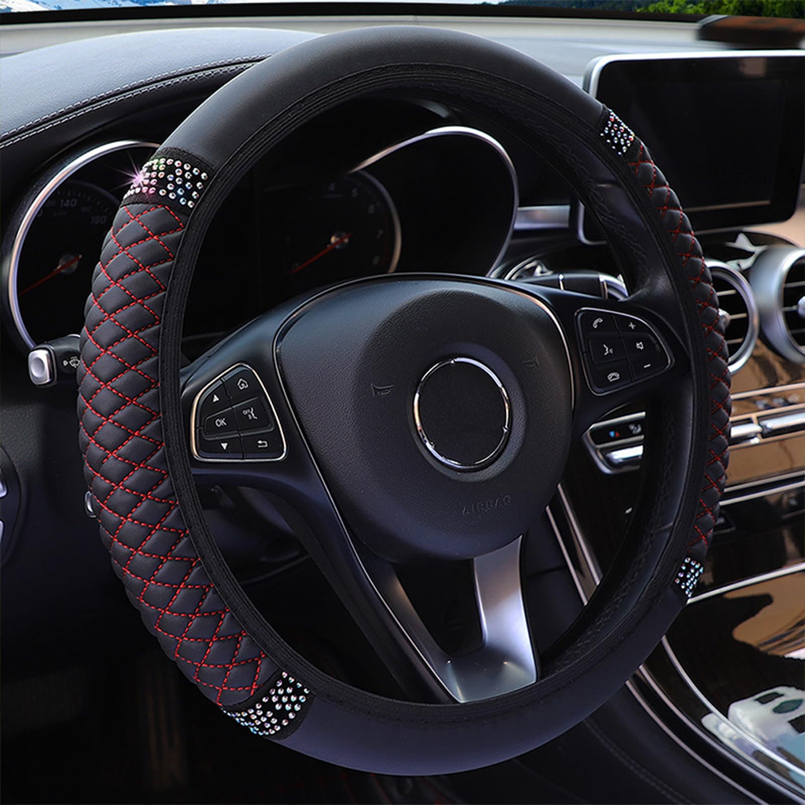 VidFair Car Steering Wheel Cover Leather,Anti-slip Breathable Carbon Fiber Sports Elastic Band Without Inner Ring Steering Wheel Cover Universal Size 37-38cm /14.5-15inch (Black Red)