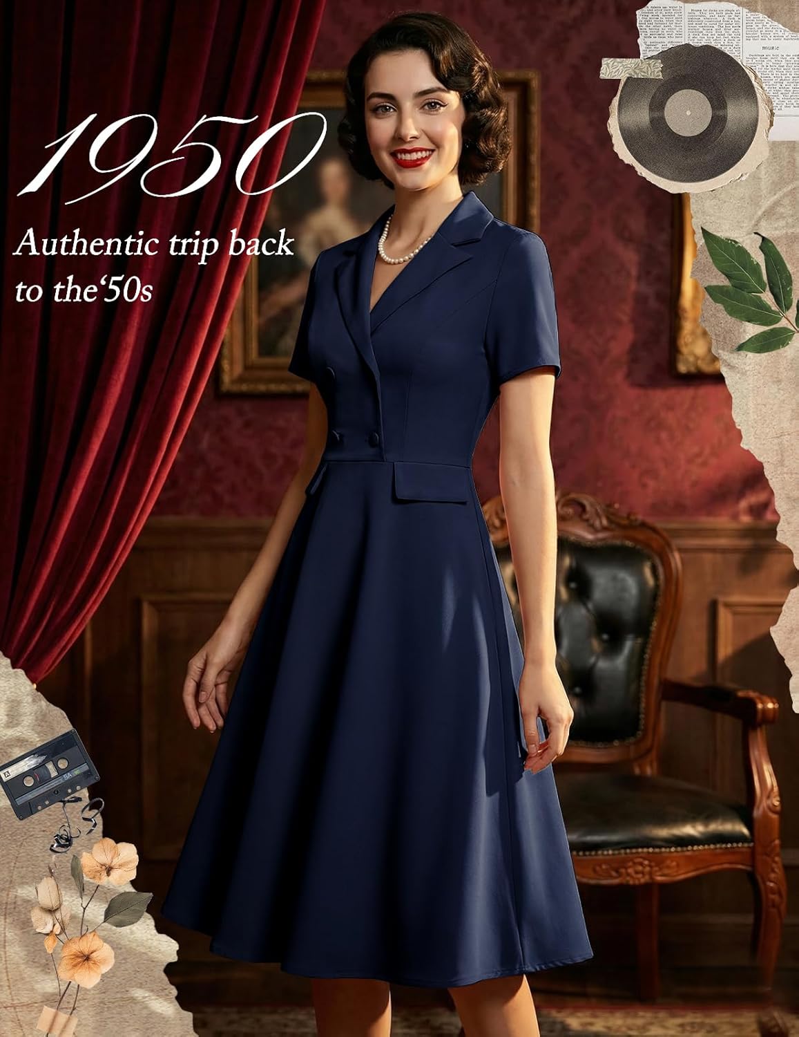 Bridesmay Vintage Cocktail Tea Party Dresses Collar Short Sleeve Fit and Flare Work Church Dress - Image 5