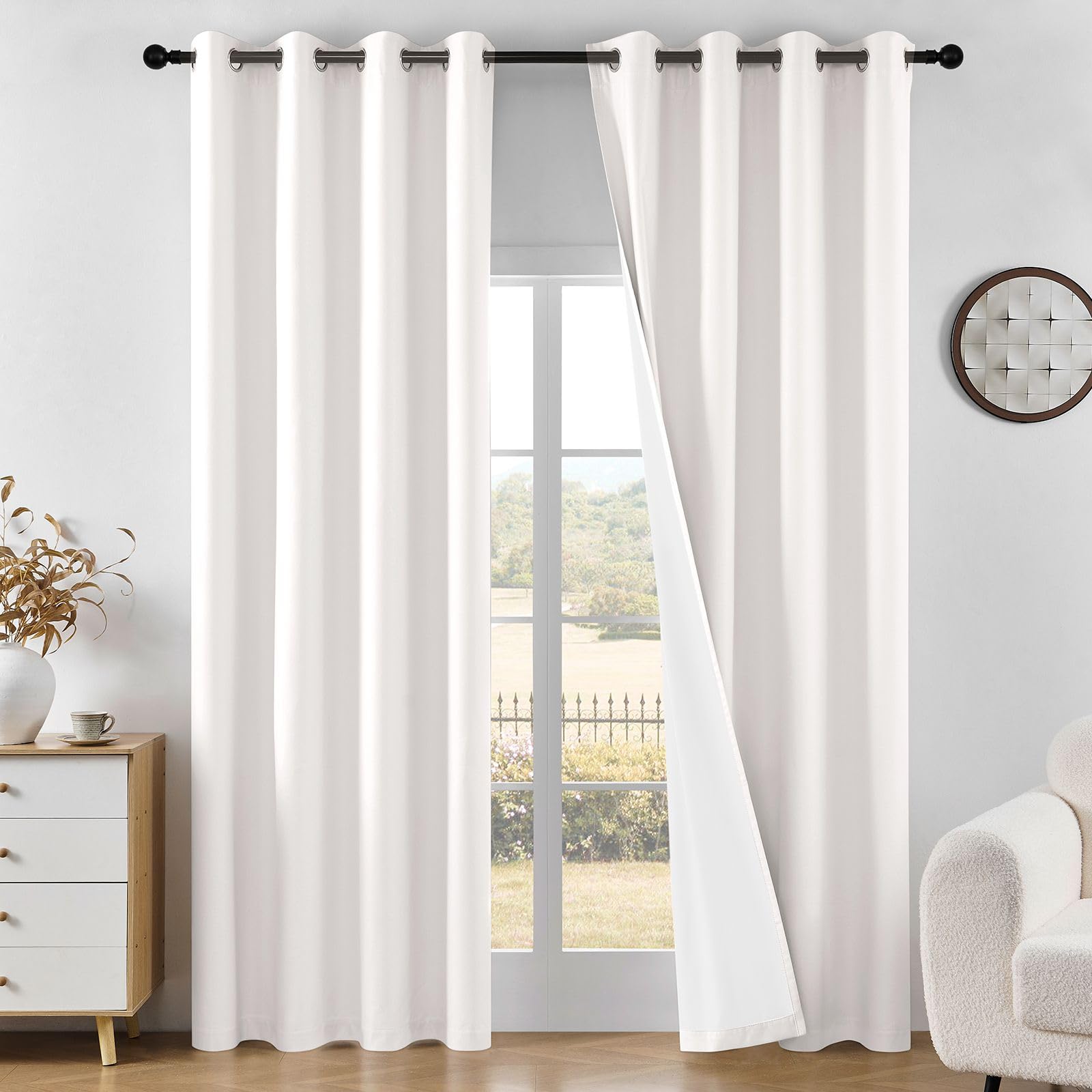 Linen Blackout Curtains for Bedroom 84 Inches Long Grommet Heavy Duty Living Room Drapes Thermal Insulated Noise Reduce Cancelling Curtains 2 Panels W52 x L84 Inch Pure White