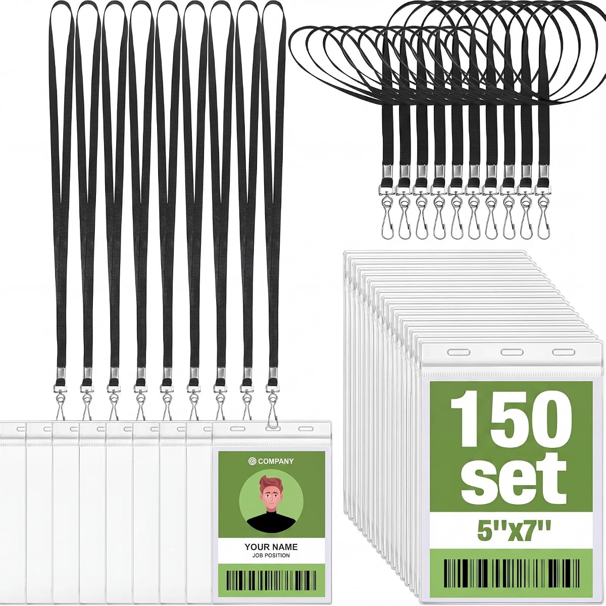 Patelai Paquete de 150 Porta credenciales extra grandes de 5 x 7 pulgadas con cordón negro de 20 pulgadas Insignia de identificación vertical Portatarjetas de PVC Fundas protectoras de identificación Bolsa con cordón para oficina Pasaporte Entradas Eventos