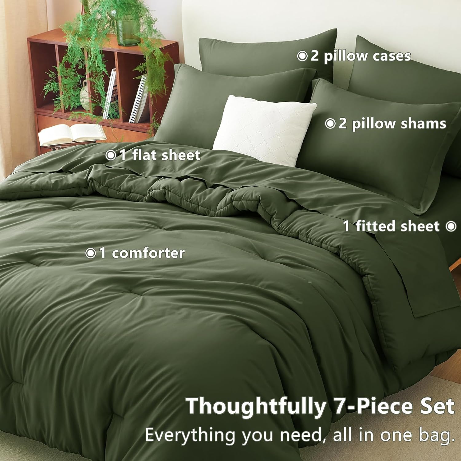 CozyLux Queen Comforter Set Olive Green, 7 Pieces Bed in a Bag Queen Comforter Set with Sheets, Bedding Sets with Down Alternative Comforter, Fitted Sheets, Flat Sheets, Pillow Shams and Pillowcases - Image 6