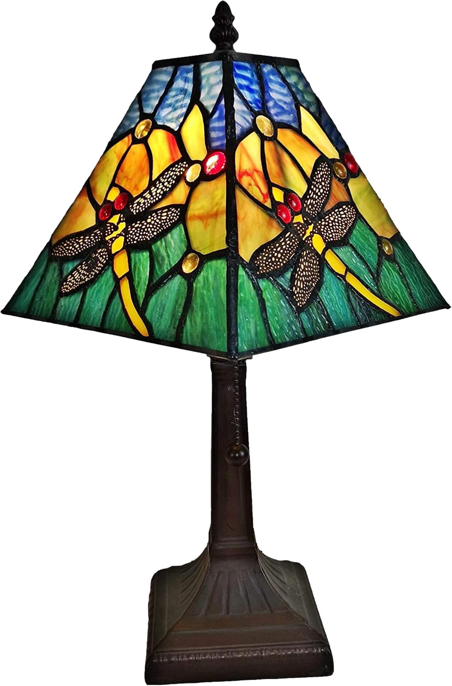 Amora Vintage Tiffany Table Lamp - Dragonfly Mosaic Table Night Light - Colorful Glass Nightstand Lamp - 15” Tall Stained Glass Lamp