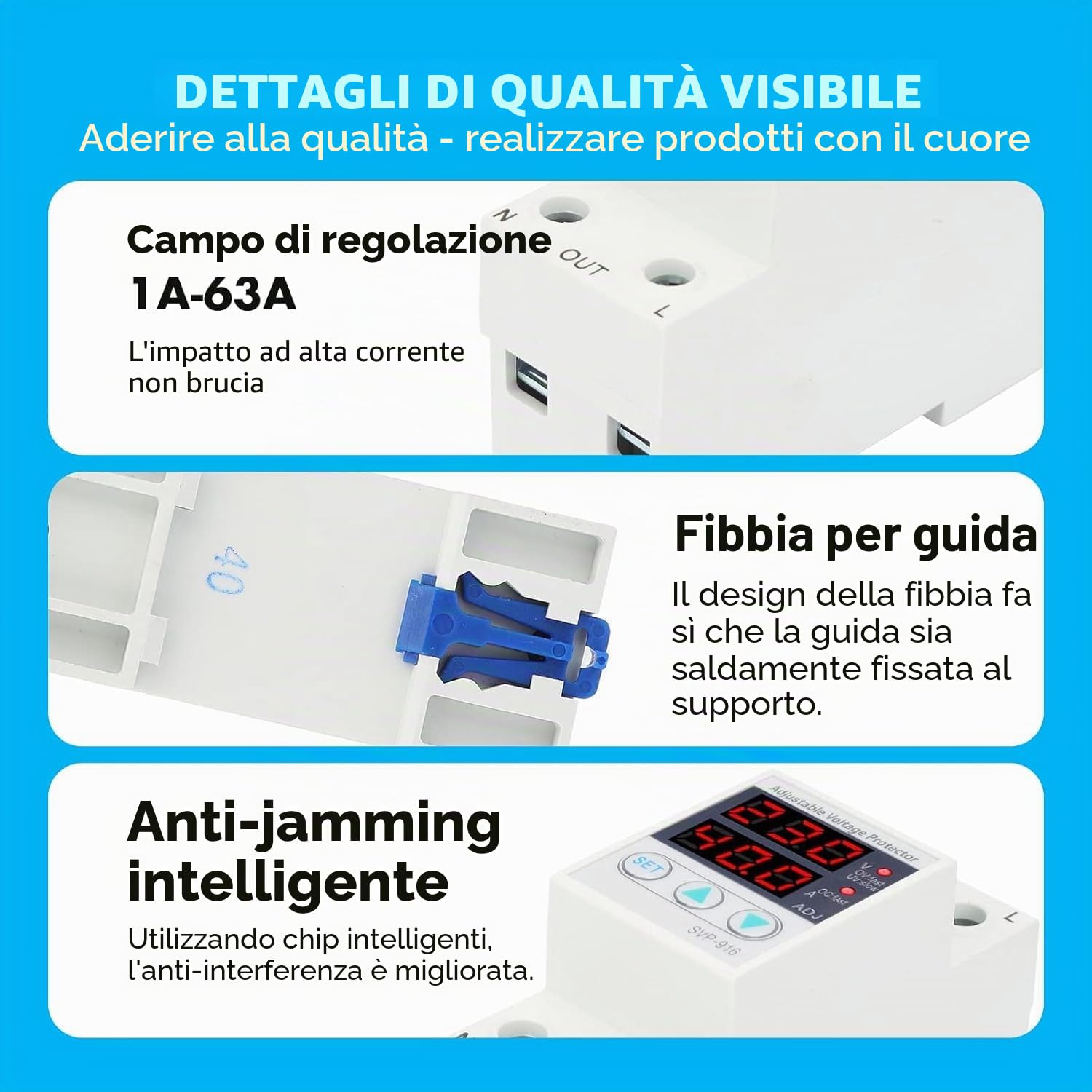 Jadeshay Stabilizzatore di Tensione,Dispositivo di Protezione da Sovratensione Sottotensione Regolabile Monofase Protezione Sovracorrente Relè di Ripristino Automatico con Display LCD AC230V 63A