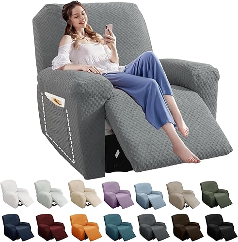 Vista 160 de YEMYHOM Funda elástica de 4 piezas para silla reclinable de jacquard con bolsillo lateral, antideslizante, ajustable, protector de muebles con parte