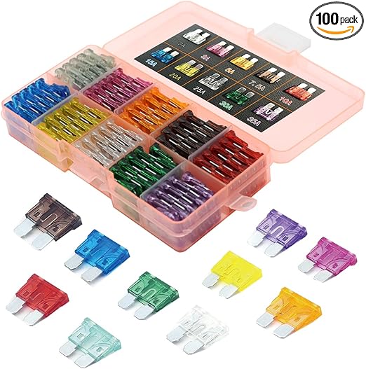 100pcs Assorted Auto Car Truck Standard Blade Fuse Assortment 2A 3A 5A 7.5 A 10A 15A 20A 25A 30A 35A Car Boat Truck SUV Automotive Replacement Fuses