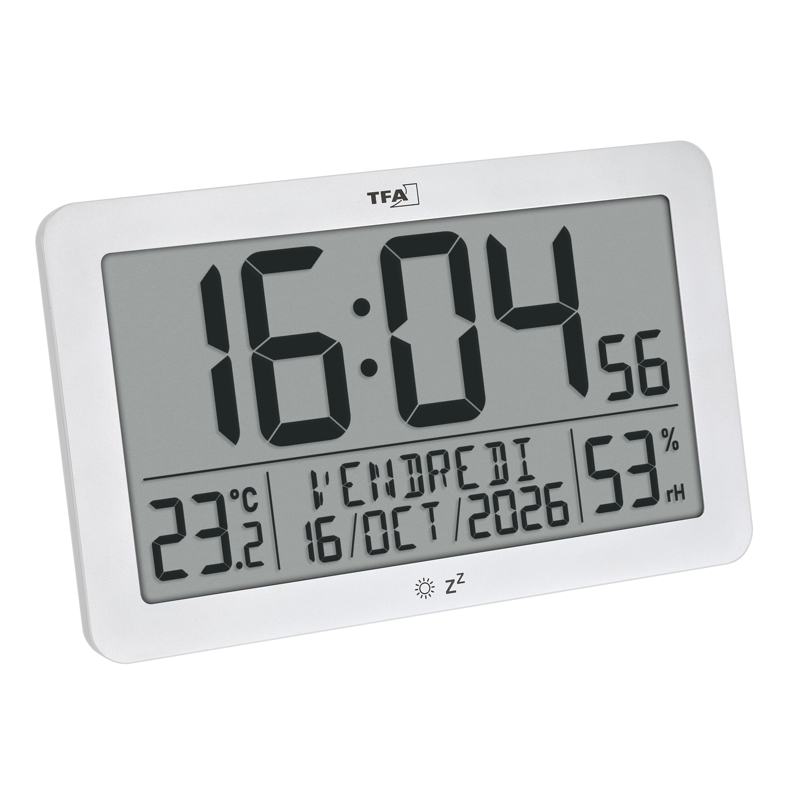 TFA Dostmann Horloge Murale Moderne, numérique radiocommandée, température ambiante, humidité, 60.2568.02, Grand Format, Affichage du Jour, de la Semaine et de la Date, Fonction réveil, Blanc