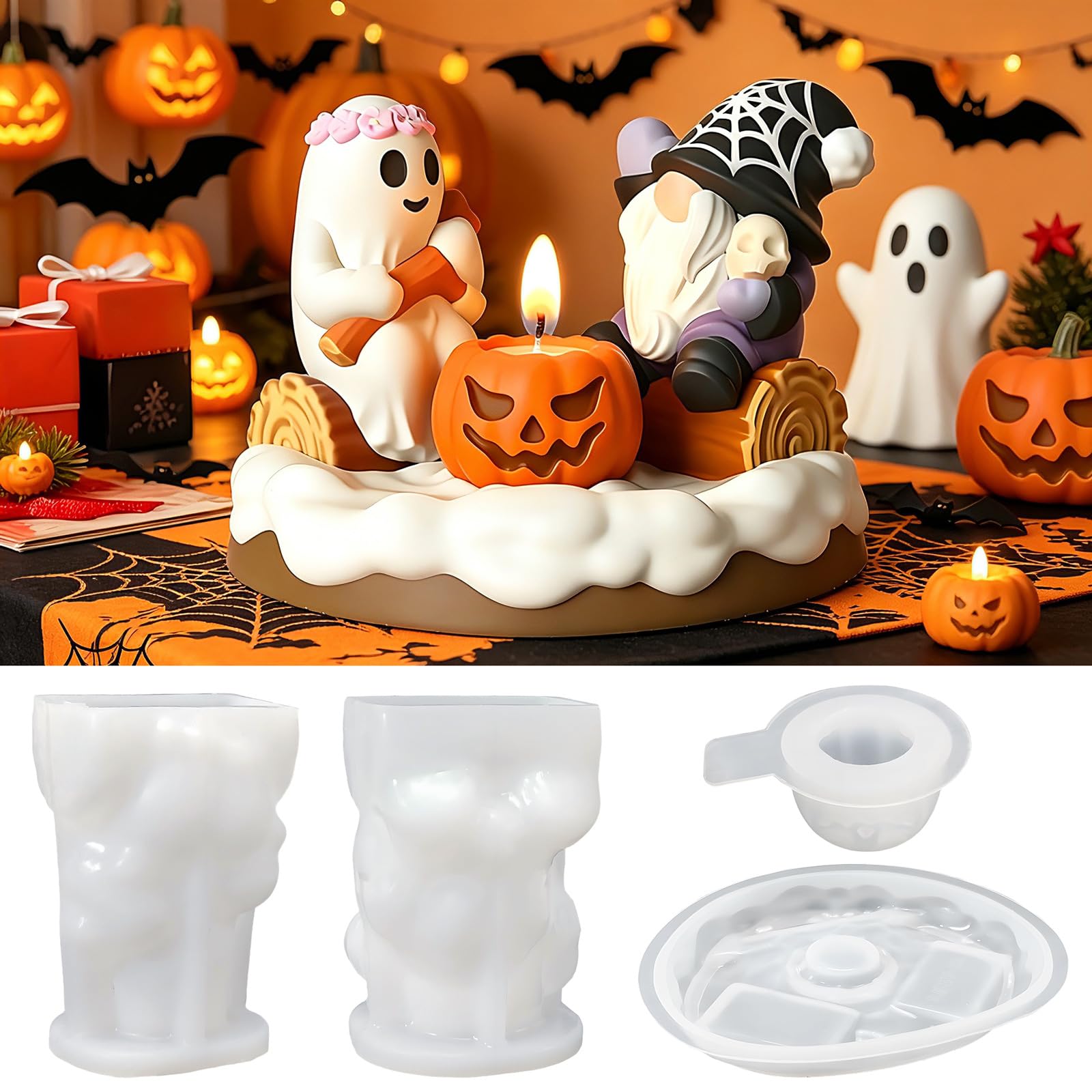 Juego de moldes de silicona 3D para Halloween, 4 piezas, moldes de calabaza enana con base, reutilizables para velas de resina, soporte para velas de teléfono, decoración de Halloween