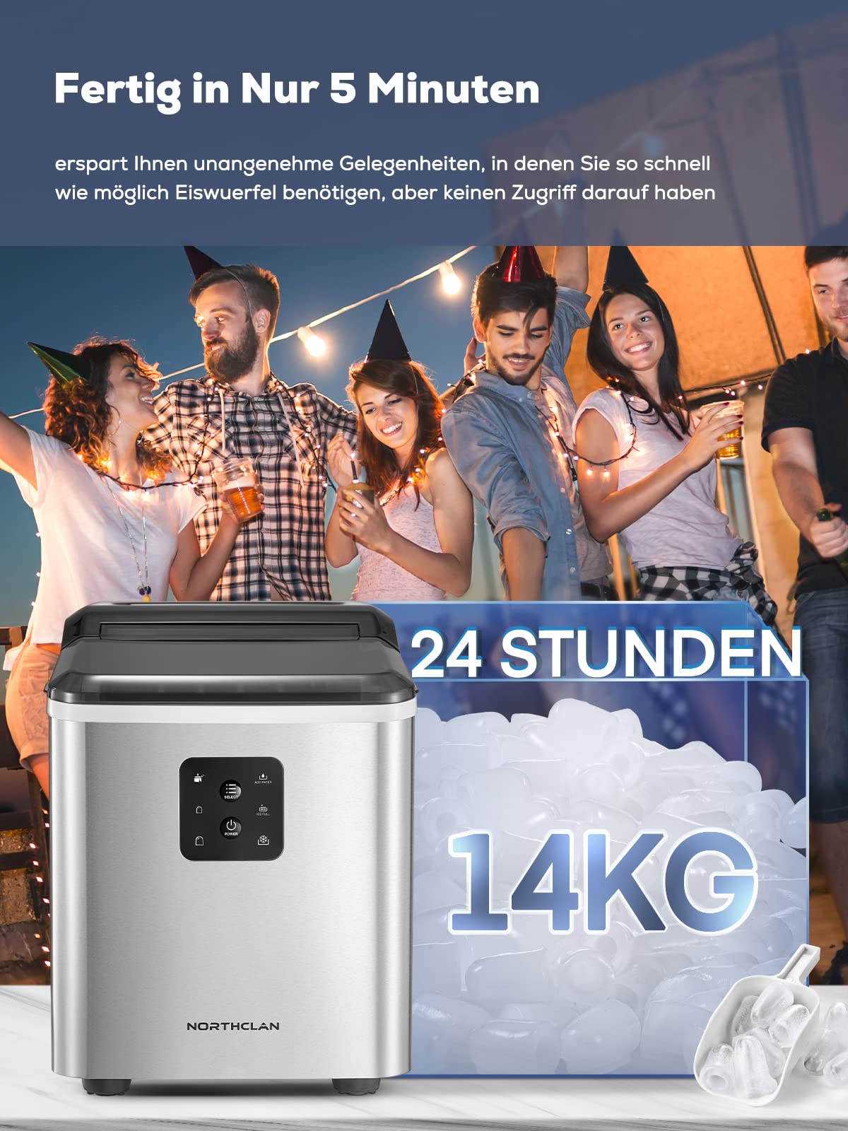 Edelstahl Eiswürfelmaschine mit 2 Eiswürfelgrößen, 14 kg 24 St, Selbstreinigung, 9 Eiswürfel in 6 Minuten, LED-Anzeige, 2L Wassertank, Ice Maker mit Eisschaufel u. Korb, NORTHCLAN Eiswürfelbereiter