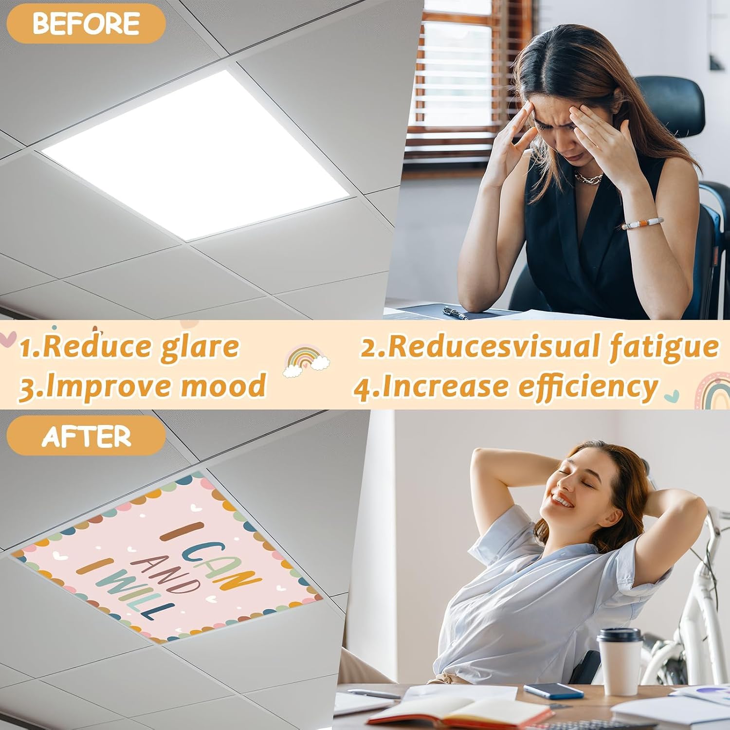 8 Pcs Fluorescent Light Covers with 64 Magnets Decorative for Classroom Ceiling Lights 2 x 2 Feet Magnetic Light Cover Filter Easy Install for Office Hospital Home Ceiling Supplies (Boho Motivational)