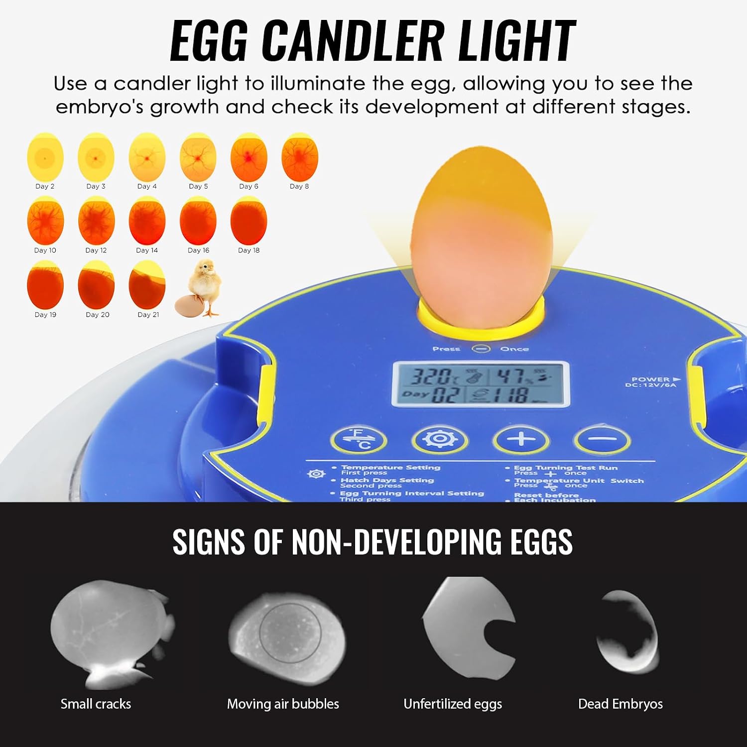 Diagram showing the egg candler light on the incubator, with illustrations of embryo development stages and signs of non-developing eggs.