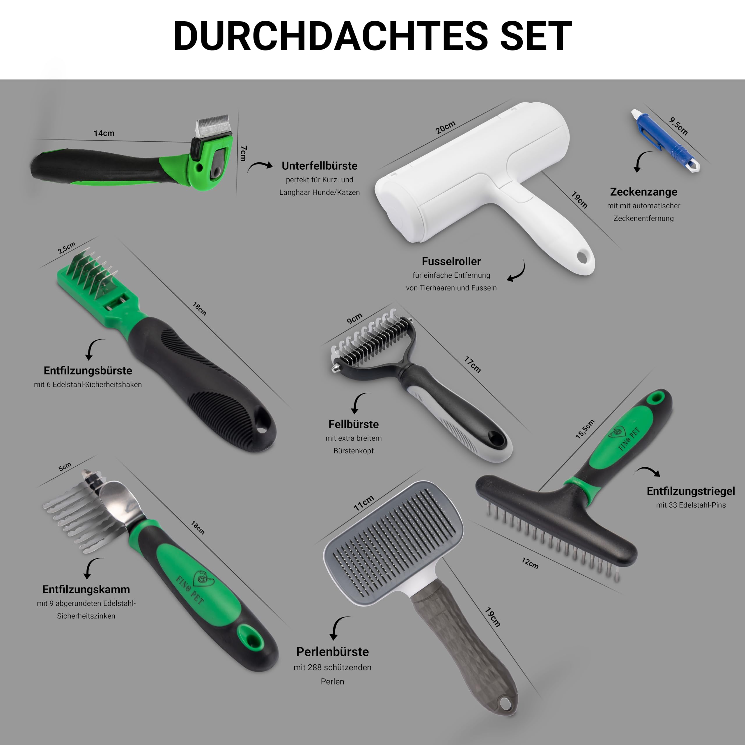 8er Mega-Set auch als Starterset Pflegebürsten, XL Fusselrolle, Zeckenzange, verschiedene Hundebürsten und Katzenbürsten inklusive Entfilzungsbürsten, Tierhaarentferner, Zeckenentfernung