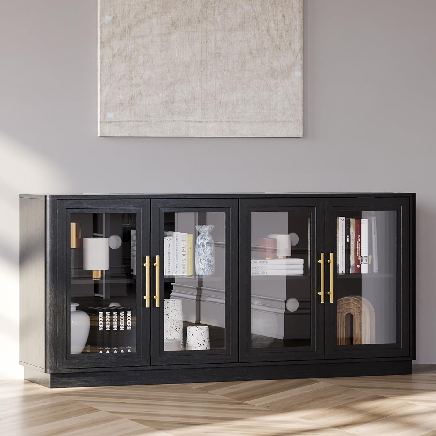 NEWOWNDS Buffet Cabinet with Storage,63" Large Dining Room Furniture Sideboard Buffet Table with 4 Glass Doors, Glass Display Cabinet,for Kitchen,Modern, Black